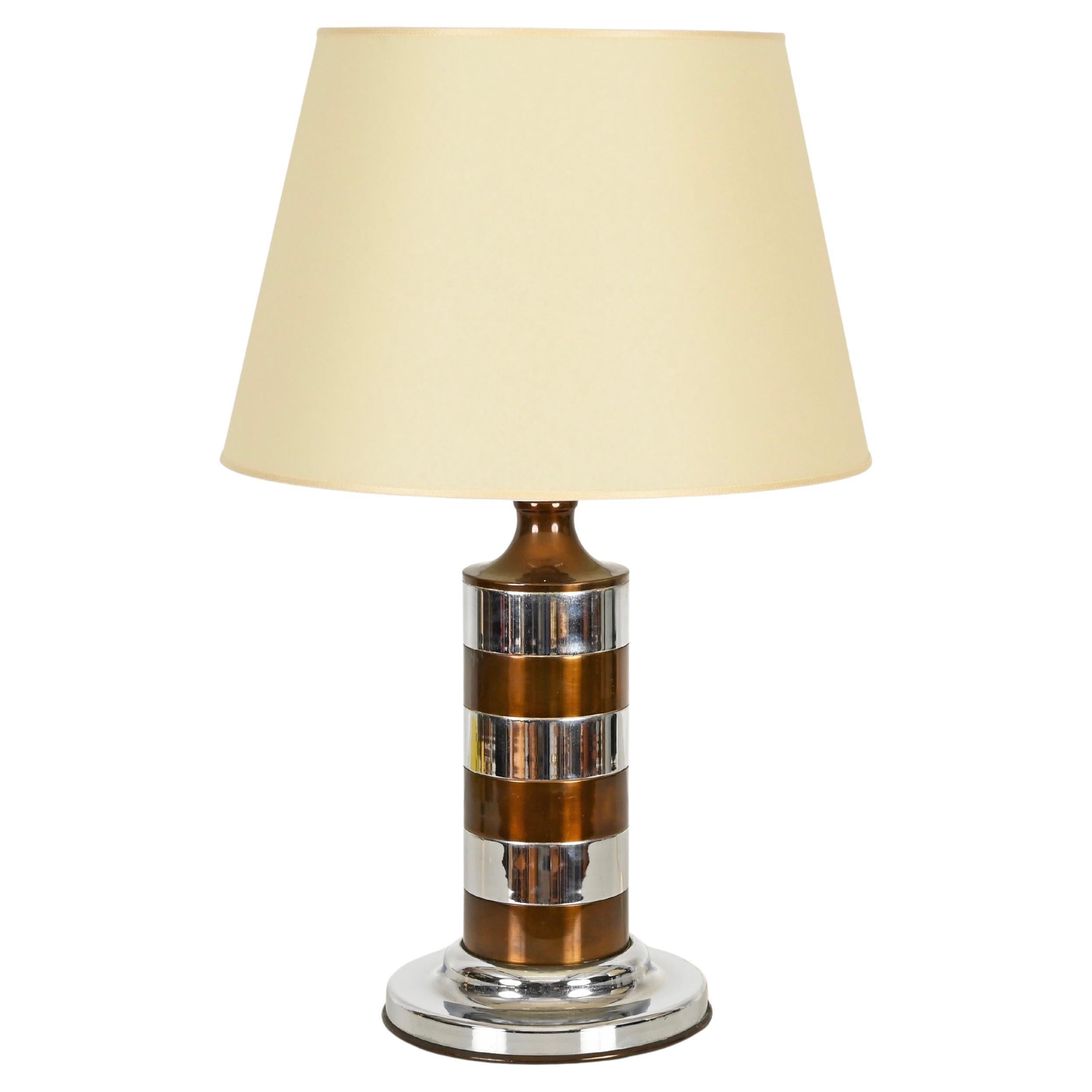 Tommaso Barbi Gran Lámpara de Sobremesa en Cromo, Latón y Pergamino, Italia, Años 70