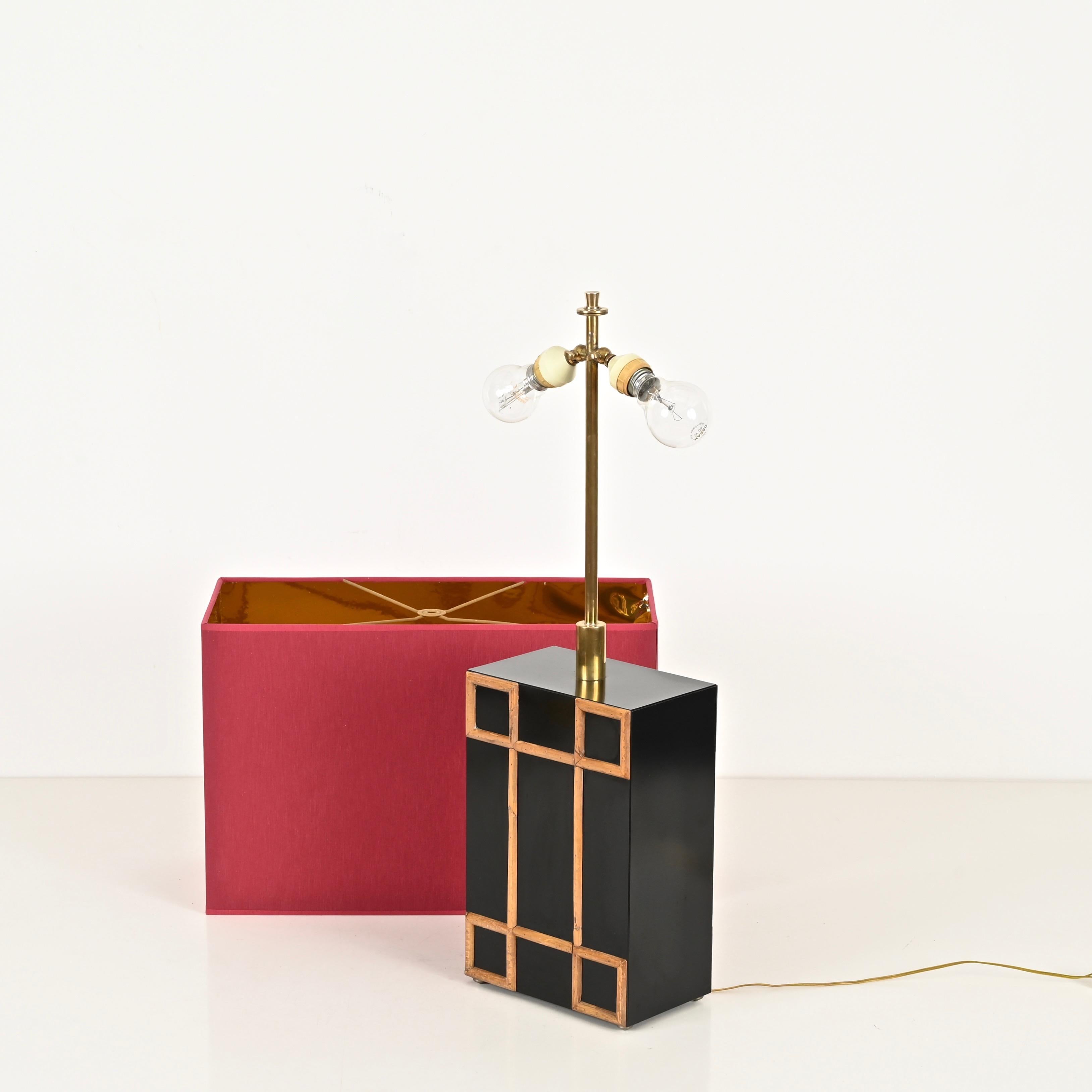 Italian Tommaso Barbi Large Table Lamp with Brass and Bamboo Inserts, Italy 1970s For Sale