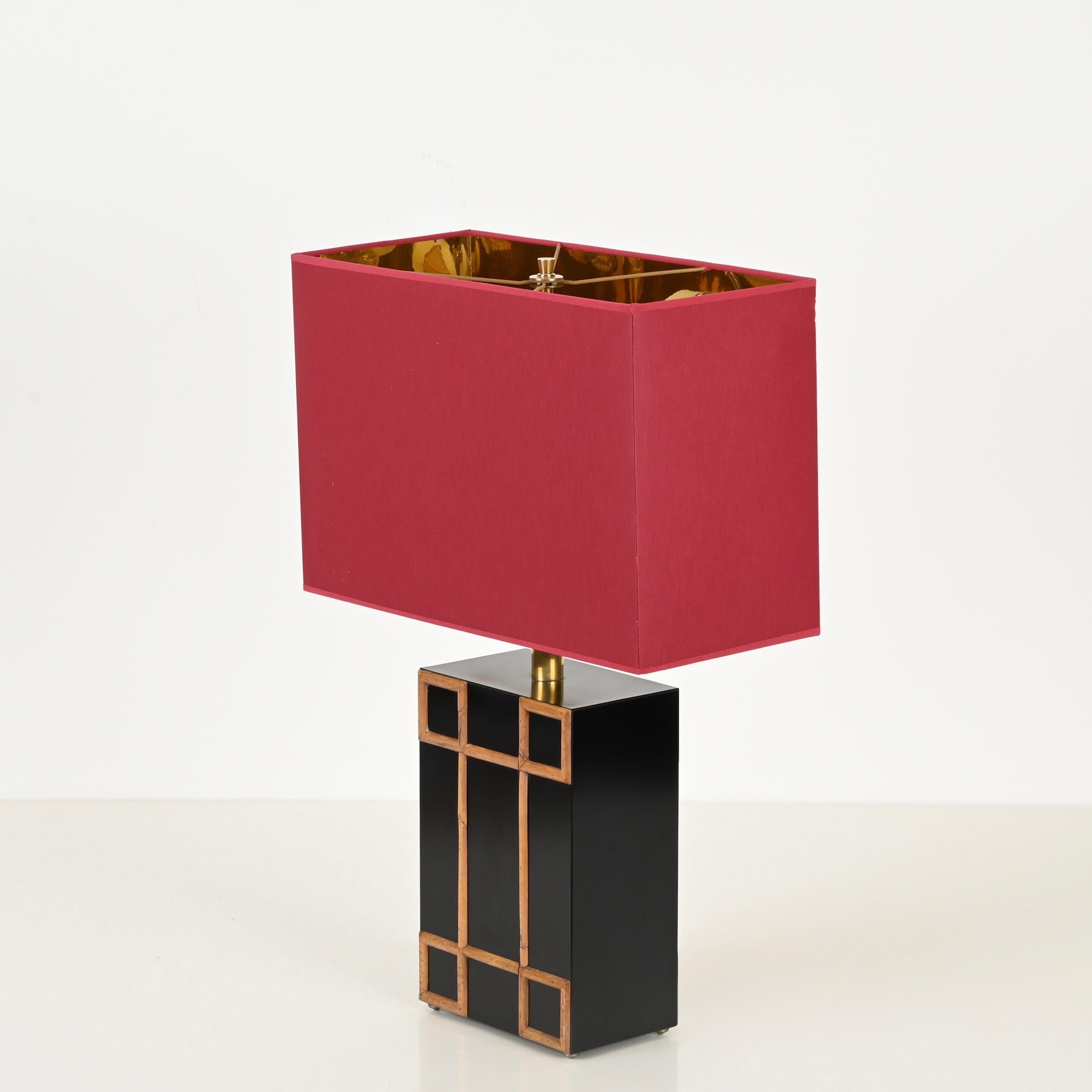 Tommaso Barbi Large Table Lamp with Brass and Bamboo Inserts, Italy 1970s In Good Condition For Sale In Roma, IT
