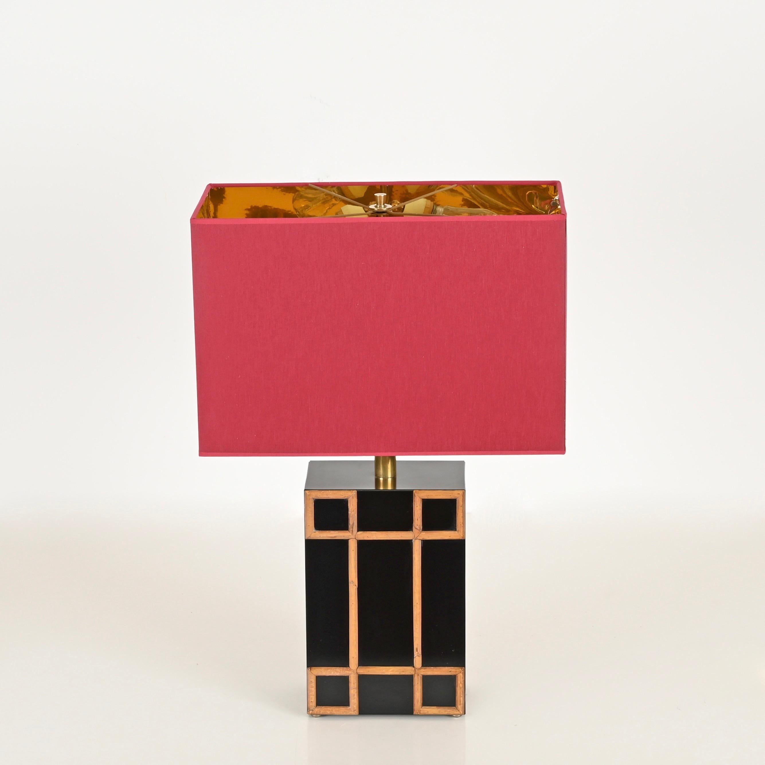 Tommaso Barbi Large Table Lamp with Brass and Bamboo Inserts, Italy 1970s For Sale 1