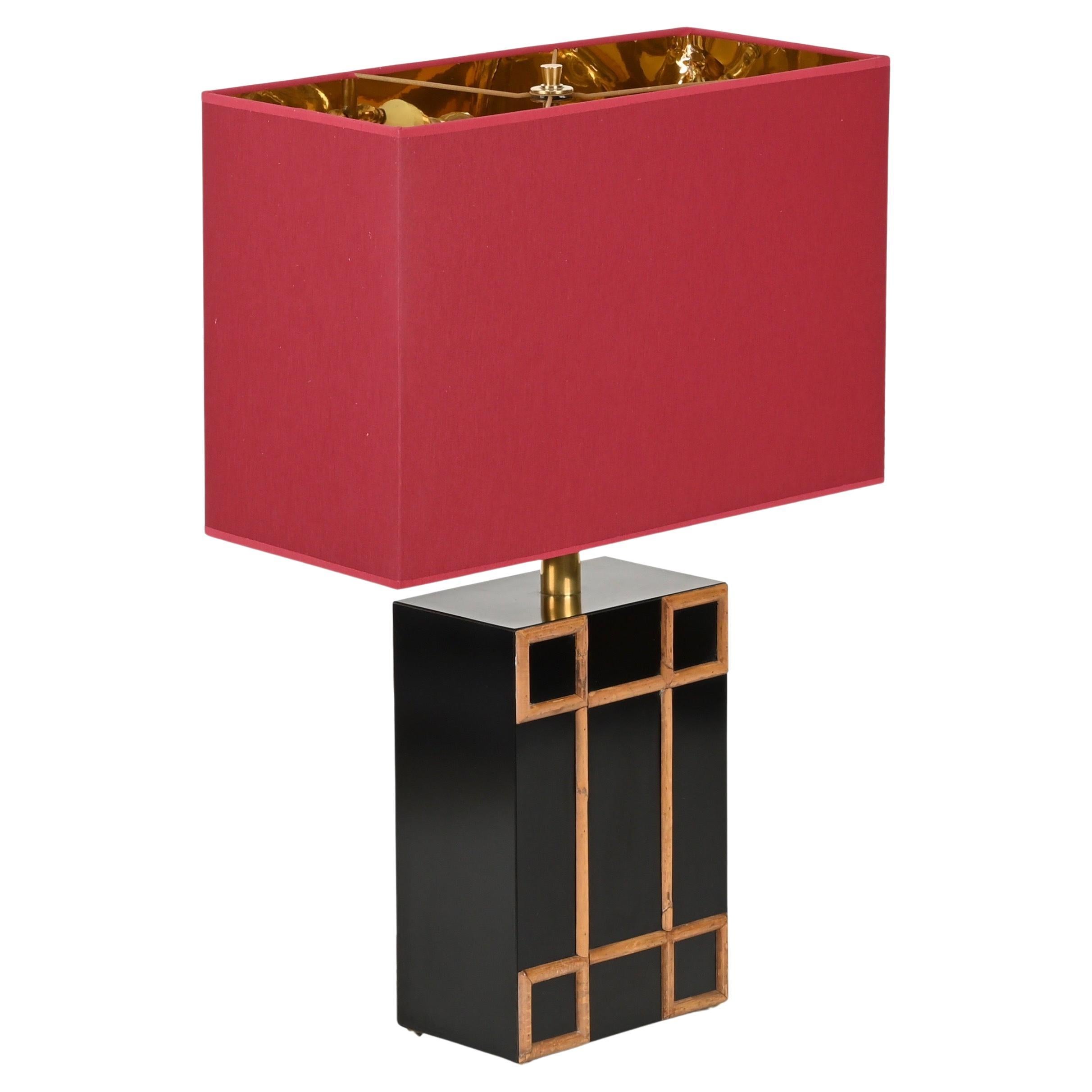 Tommaso Barbi Large Table Lamp with Brass and Bamboo Inserts, Italy 1970s For Sale