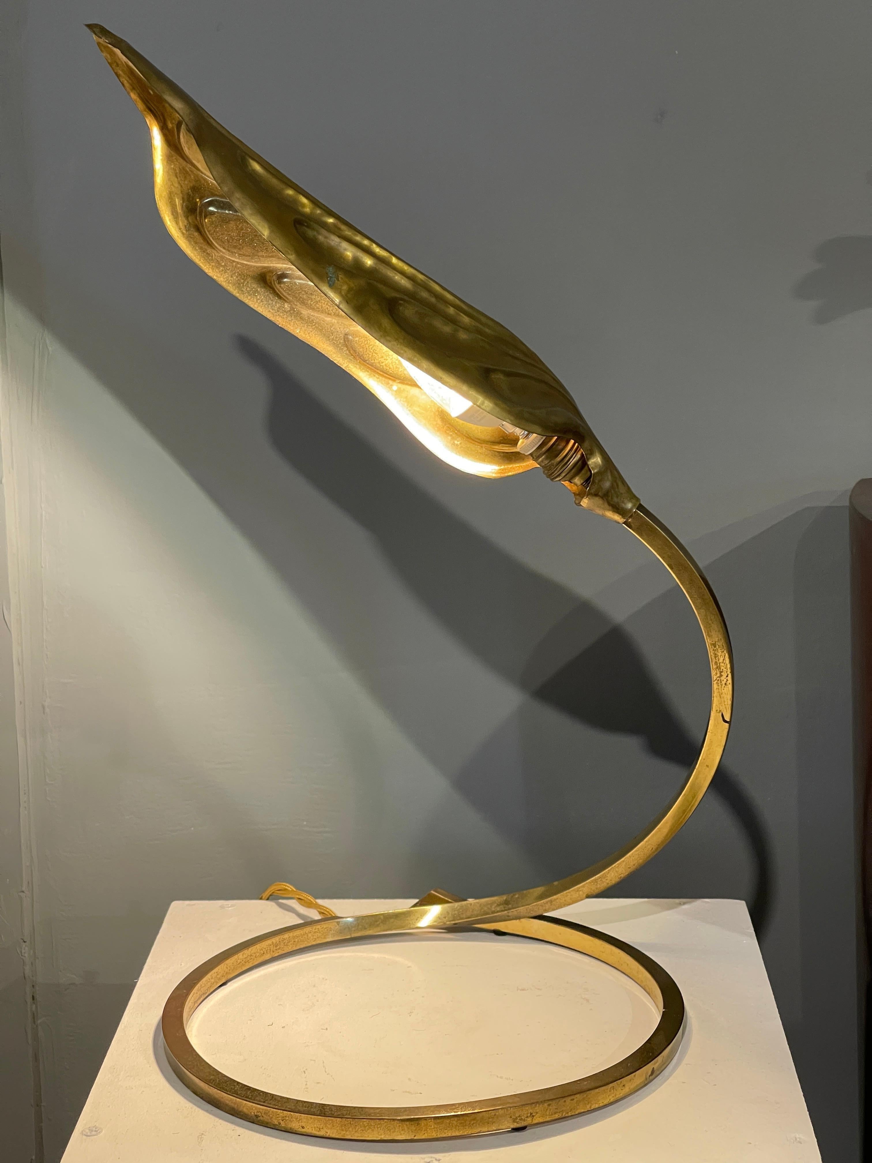 Brass lamp designed by Tommaso Barbi, depicting a leaf, Italian production of the 70s.