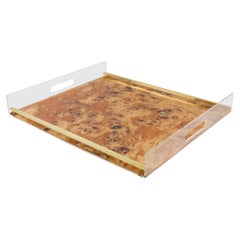 Tommaso Barbi Lucite and Burl Wood Barware Tray, Italy 1970s