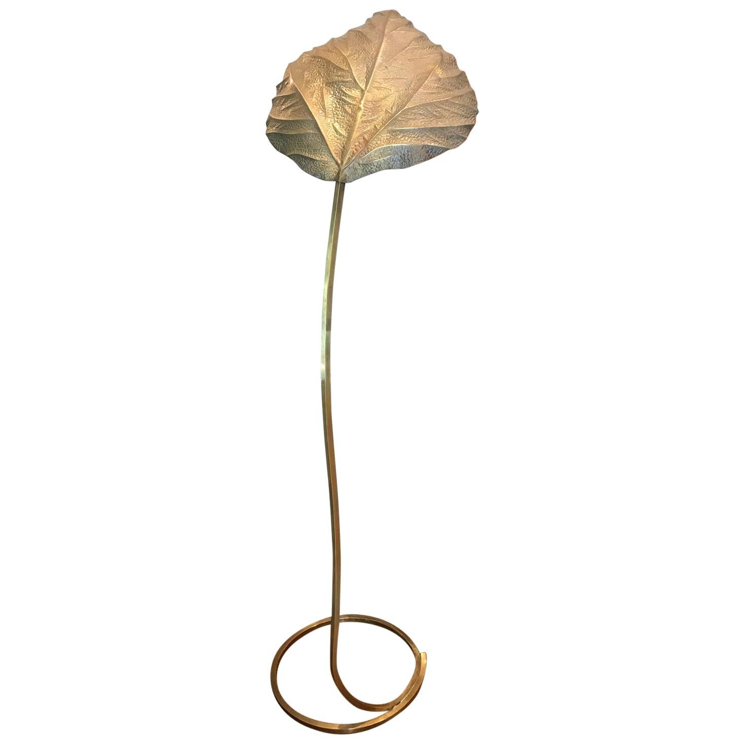 Tommaso Barbi Made in Italy Floor Lamp, 1970s, a Leaf, Brass For Sale