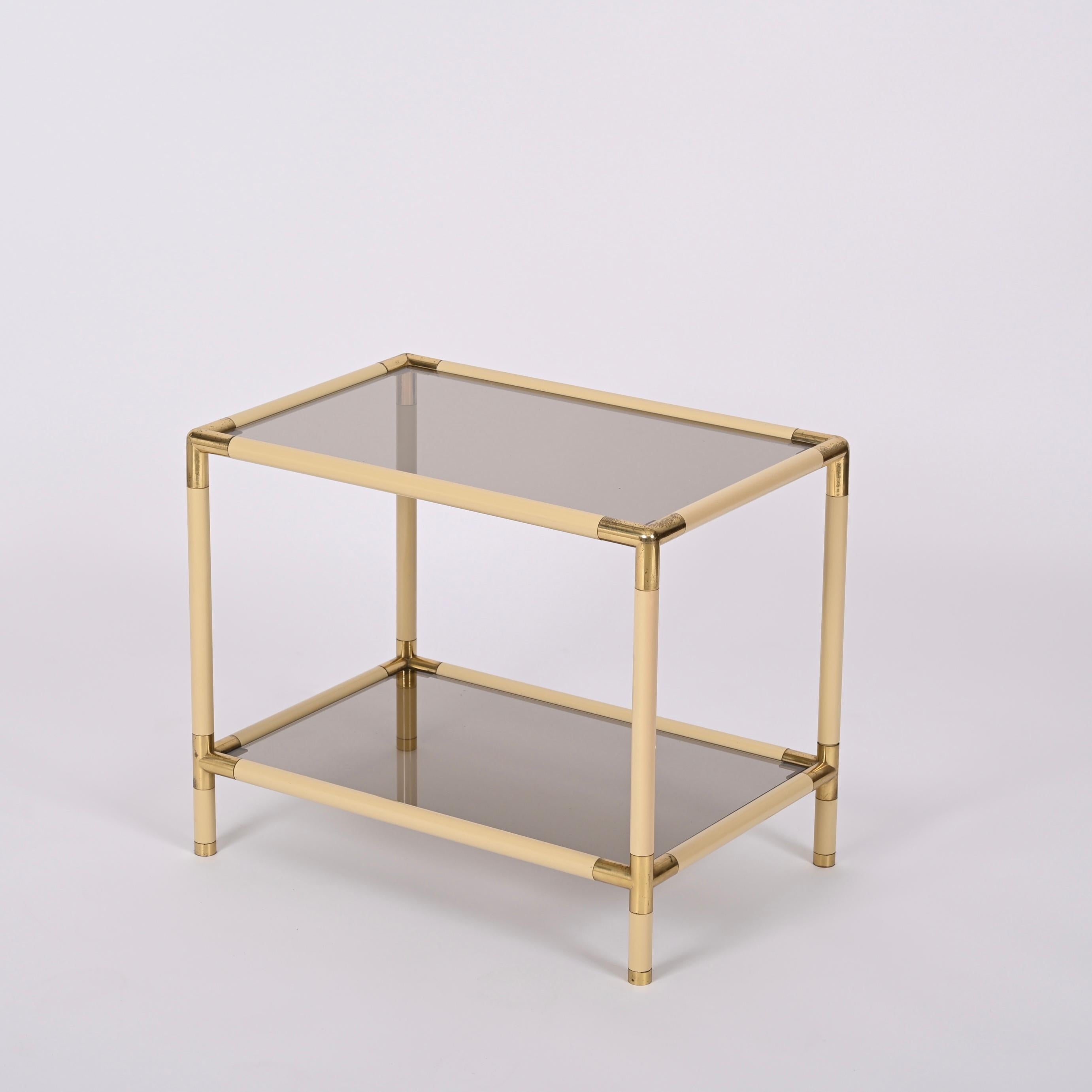 Tommaso Barbi Metal, Brass and Smoked Glass Italian Coffee Table, 1970s For Sale 4