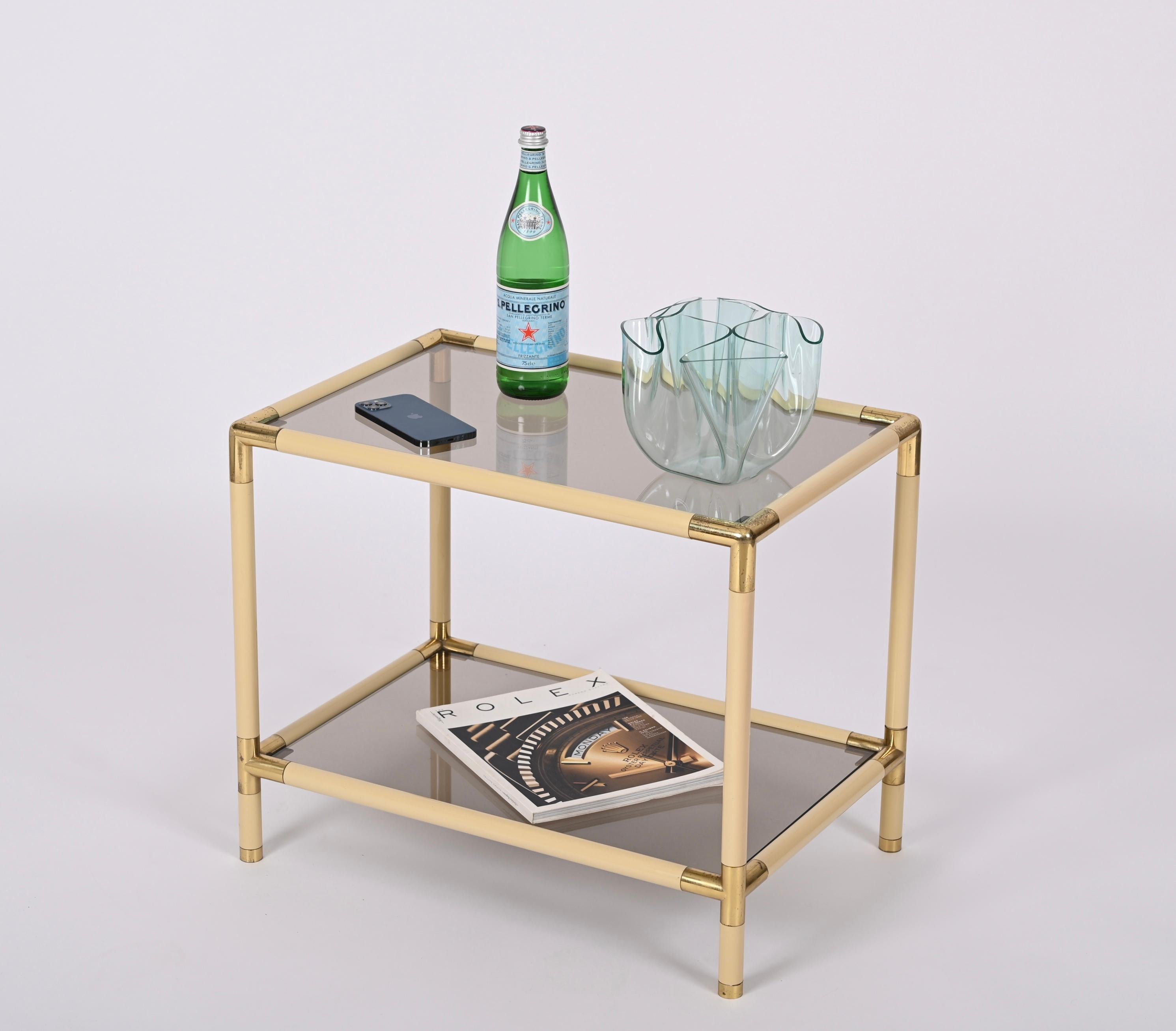Enameled Tommaso Barbi Metal, Brass and Smoked Glass Italian Coffee Table, 1970s For Sale