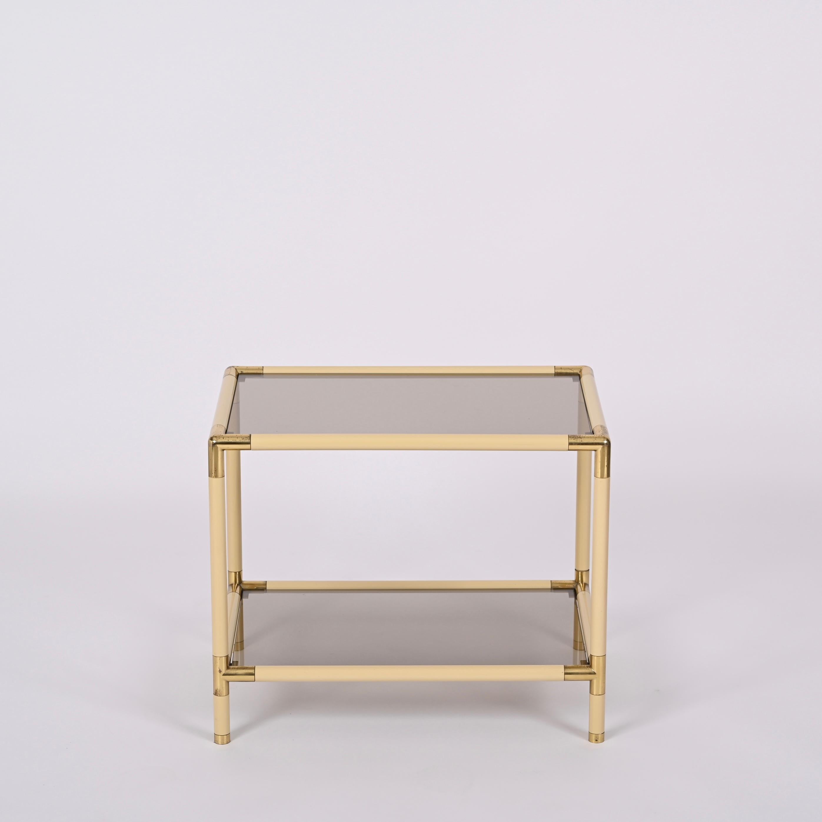 Tommaso Barbi Metal, Brass and Smoked Glass Italian Coffee Table, 1970s In Good Condition For Sale In Roma, IT