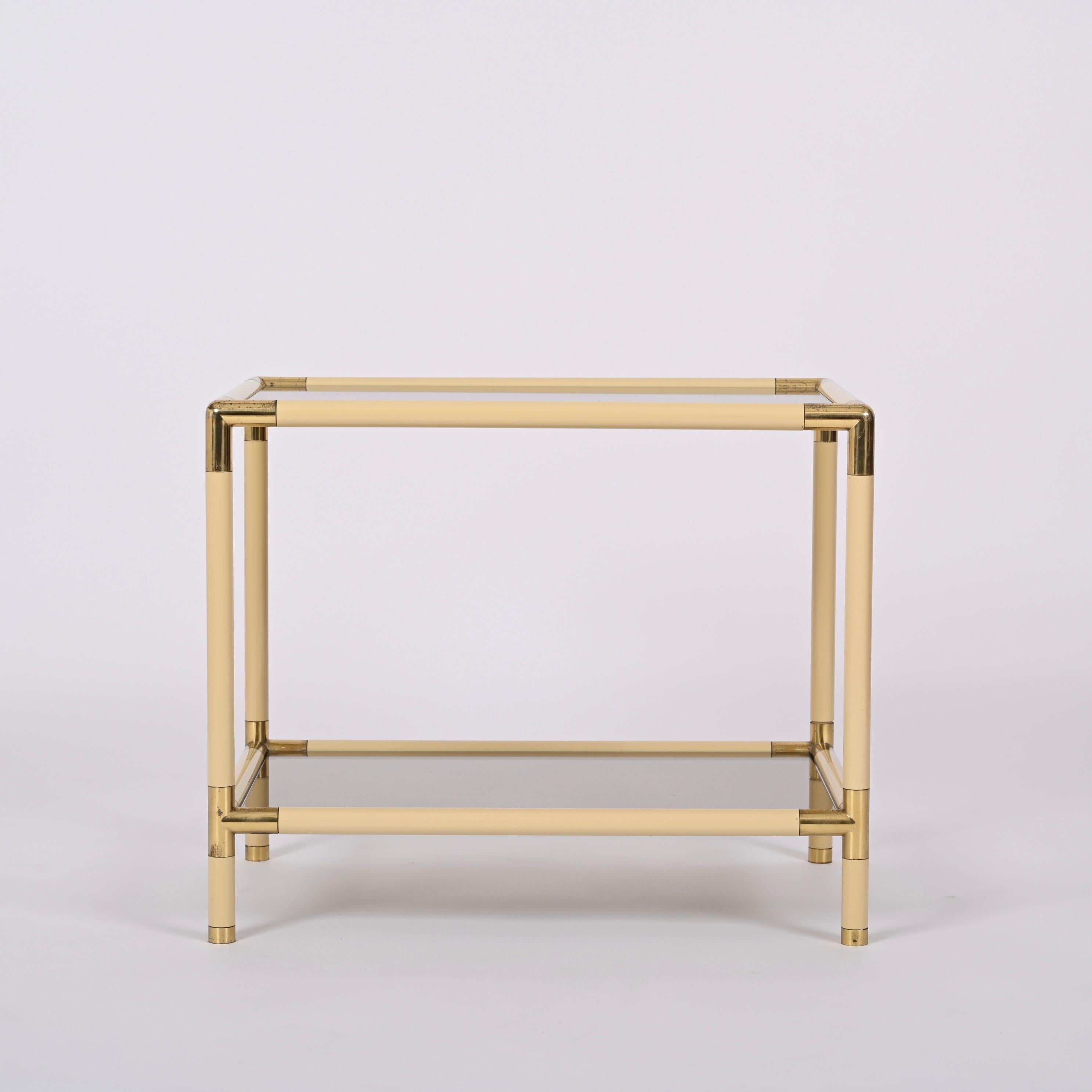 20th Century Tommaso Barbi Metal, Brass and Smoked Glass Italian Coffee Table, 1970s For Sale