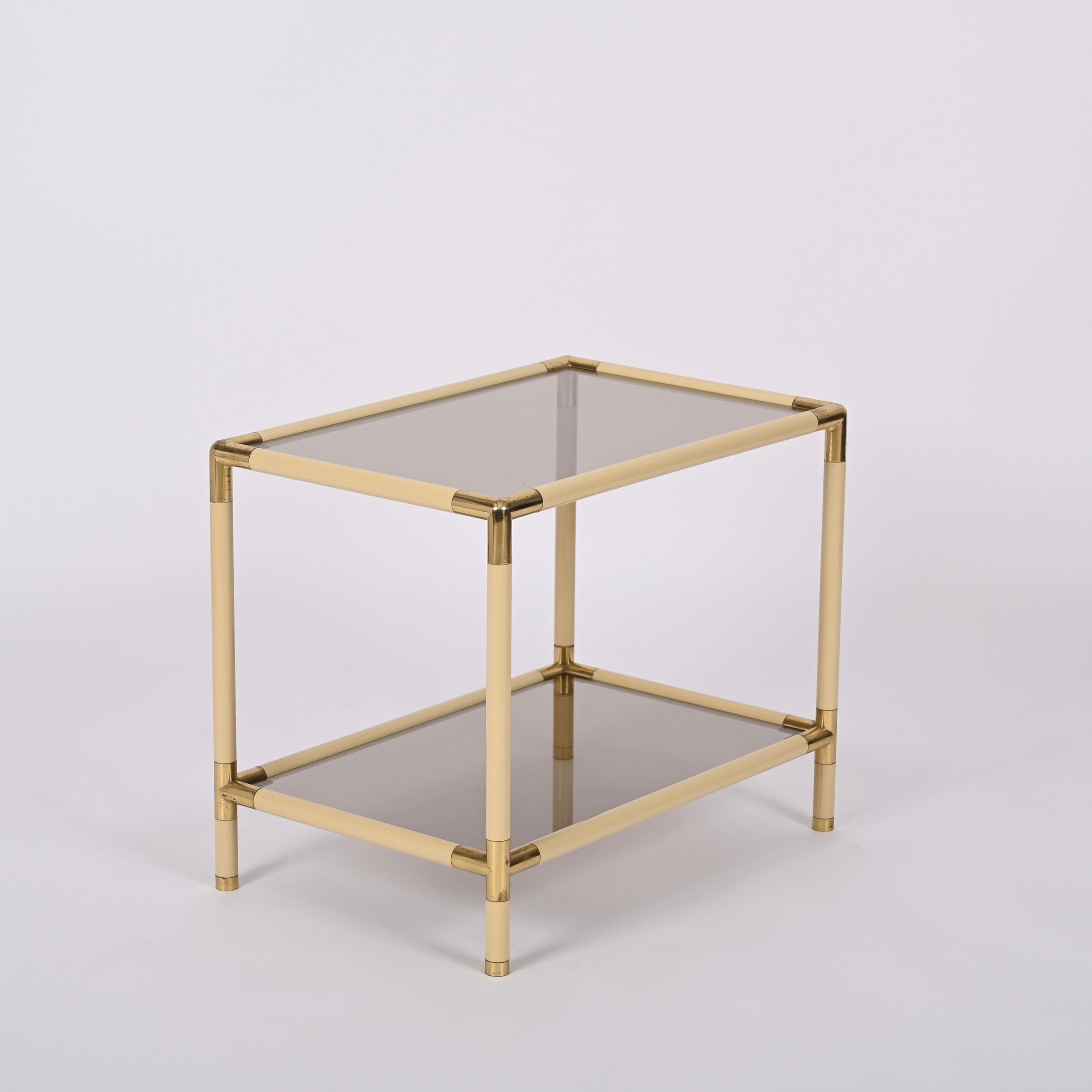 Tommaso Barbi Metal, Brass and Smoked Glass Italian Coffee Table, 1970s For Sale 1