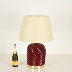 Tommaso Barbi Mid-Century Burgundy Ceramic and Brass Table Lamp, Italy, 1970s