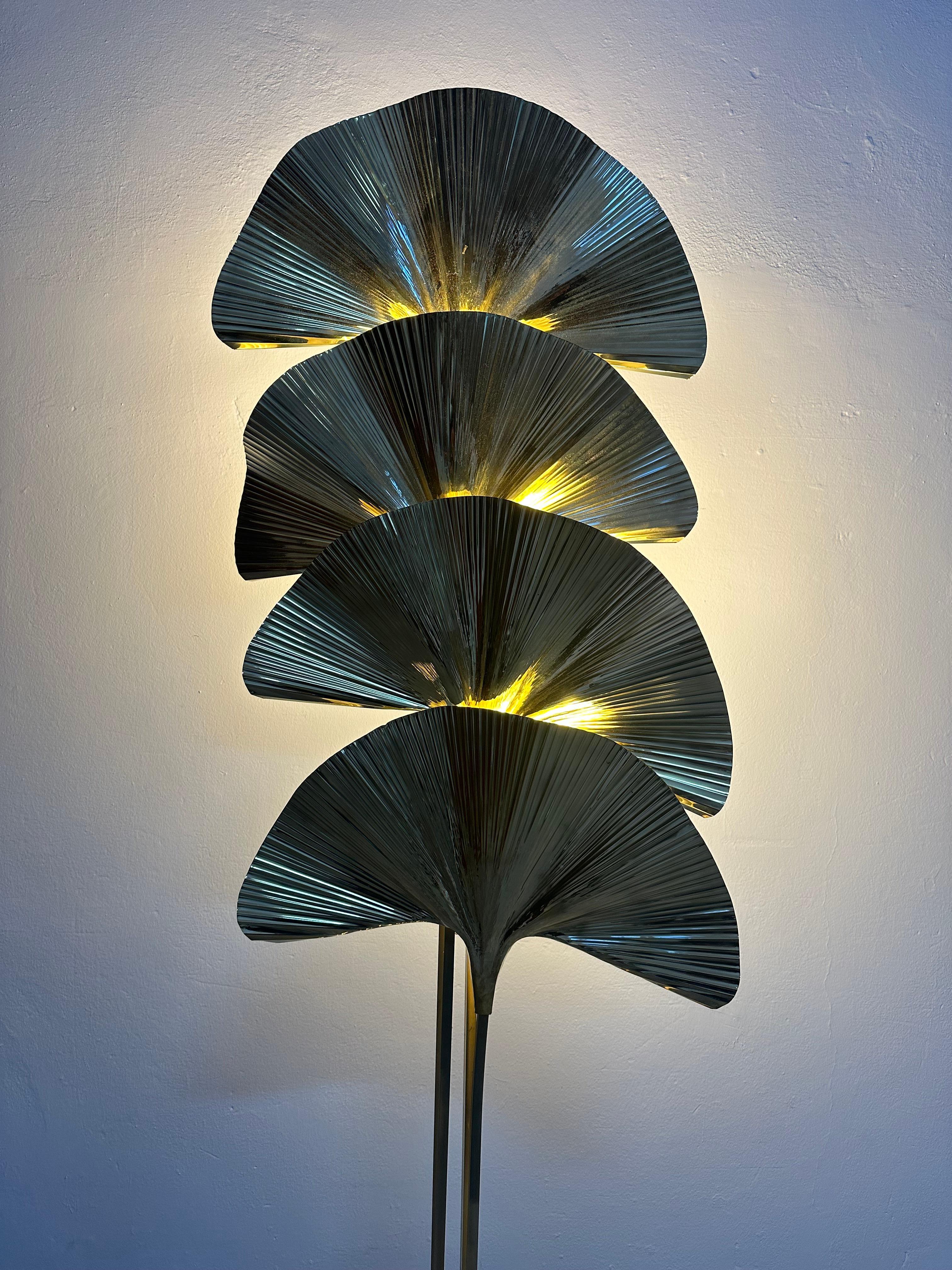 Hand-Crafted Tommaso Barbi Mid-Century Modern Italian Brass Floor Lamp Ginkgo, 1970s For Sale