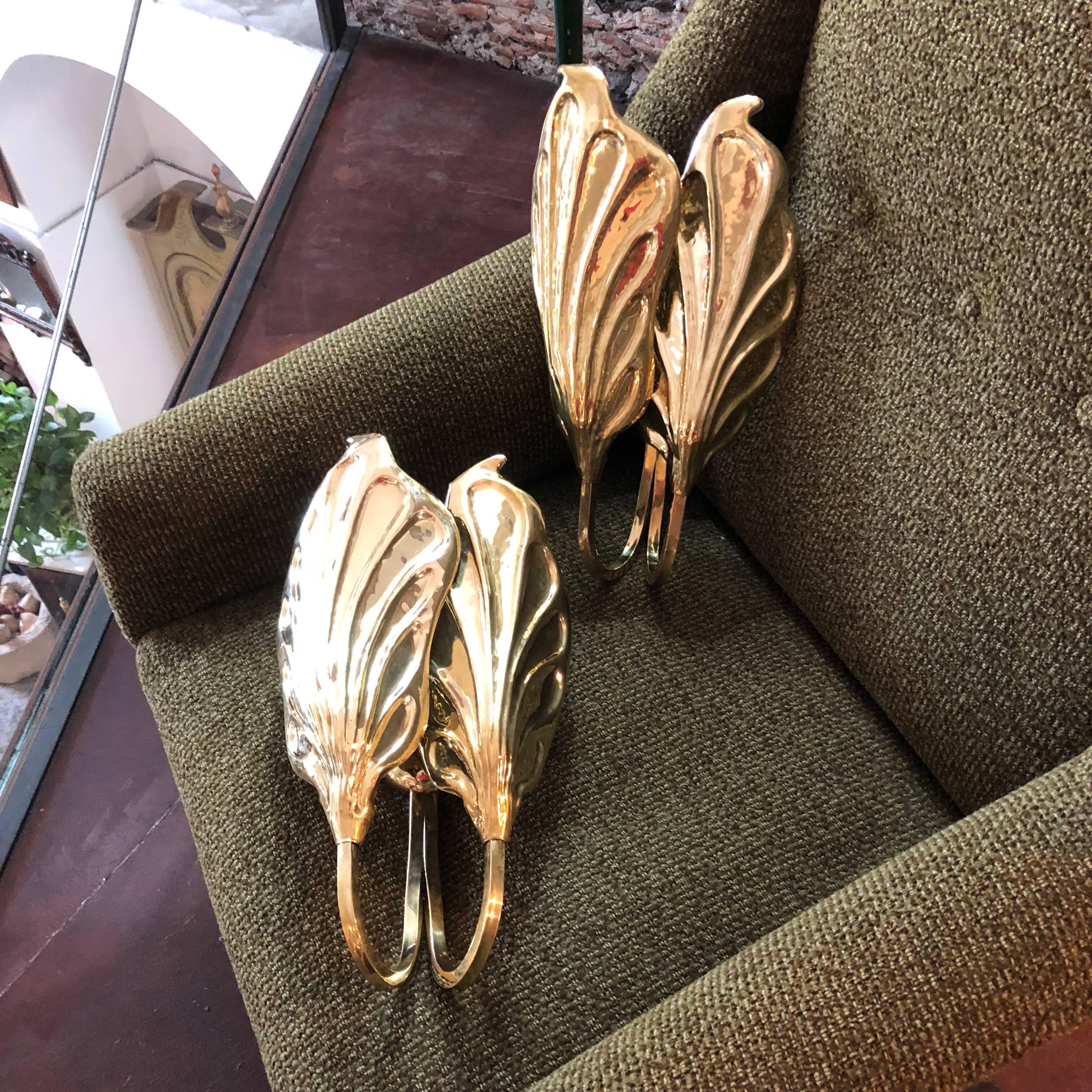 Tommaso Barbi Mid-Century Modern Italian Brass Leaf Wall Sconces 1960 In Excellent Condition In Aci Castello, IT