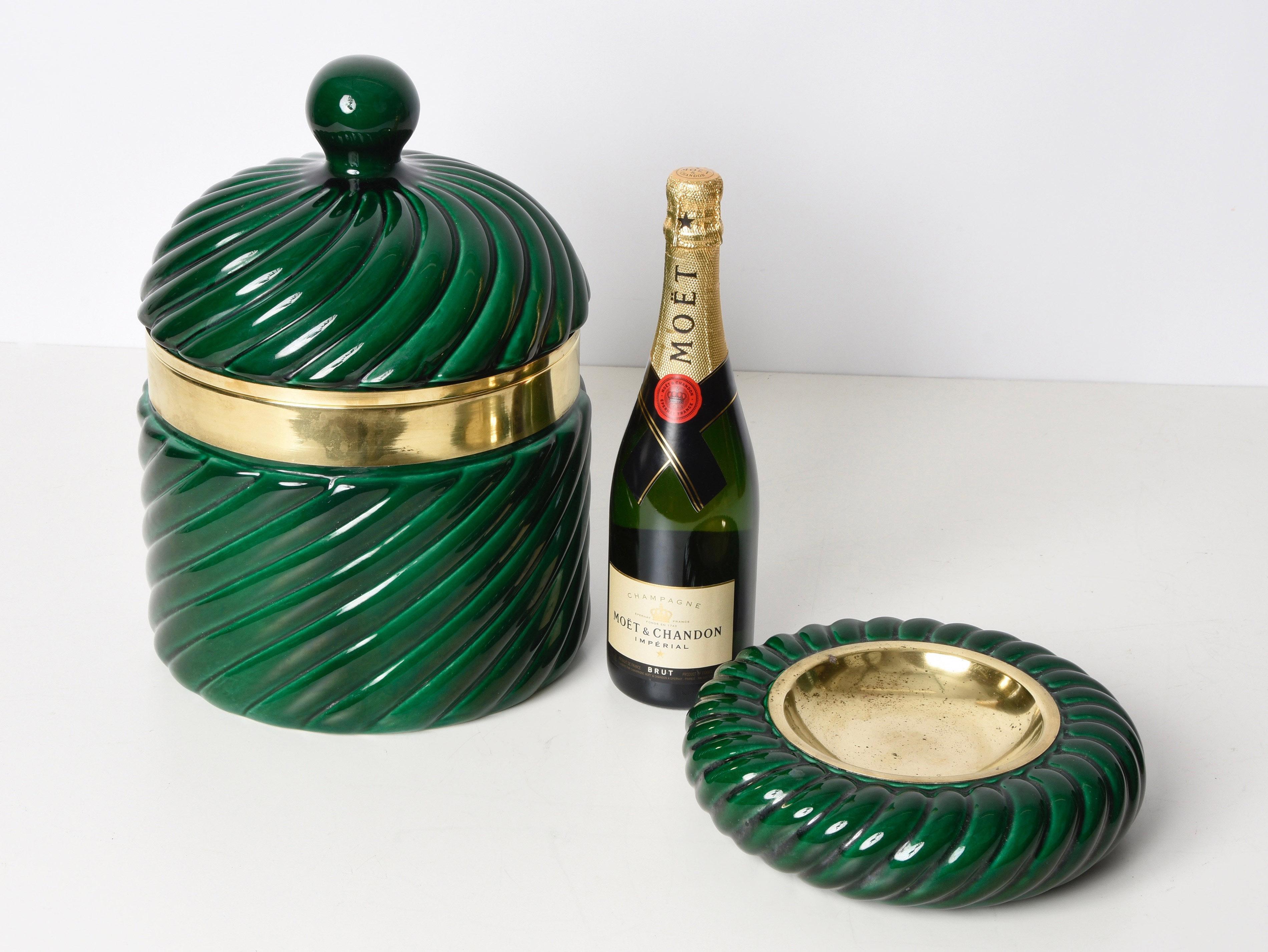 Tommaso Barbi Midcentury Green Ceramic and Brass Italian Ashtray, 1960s 9
