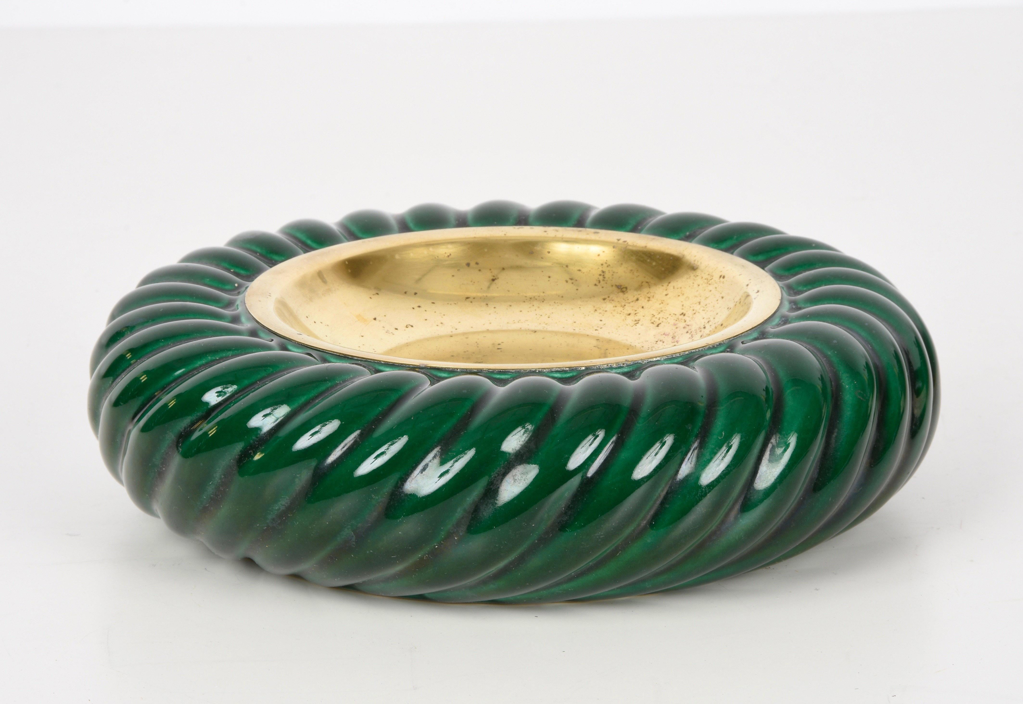 Tommaso Barbi Midcentury Green Ceramic and Brass Italian Ashtray, 1960s 1