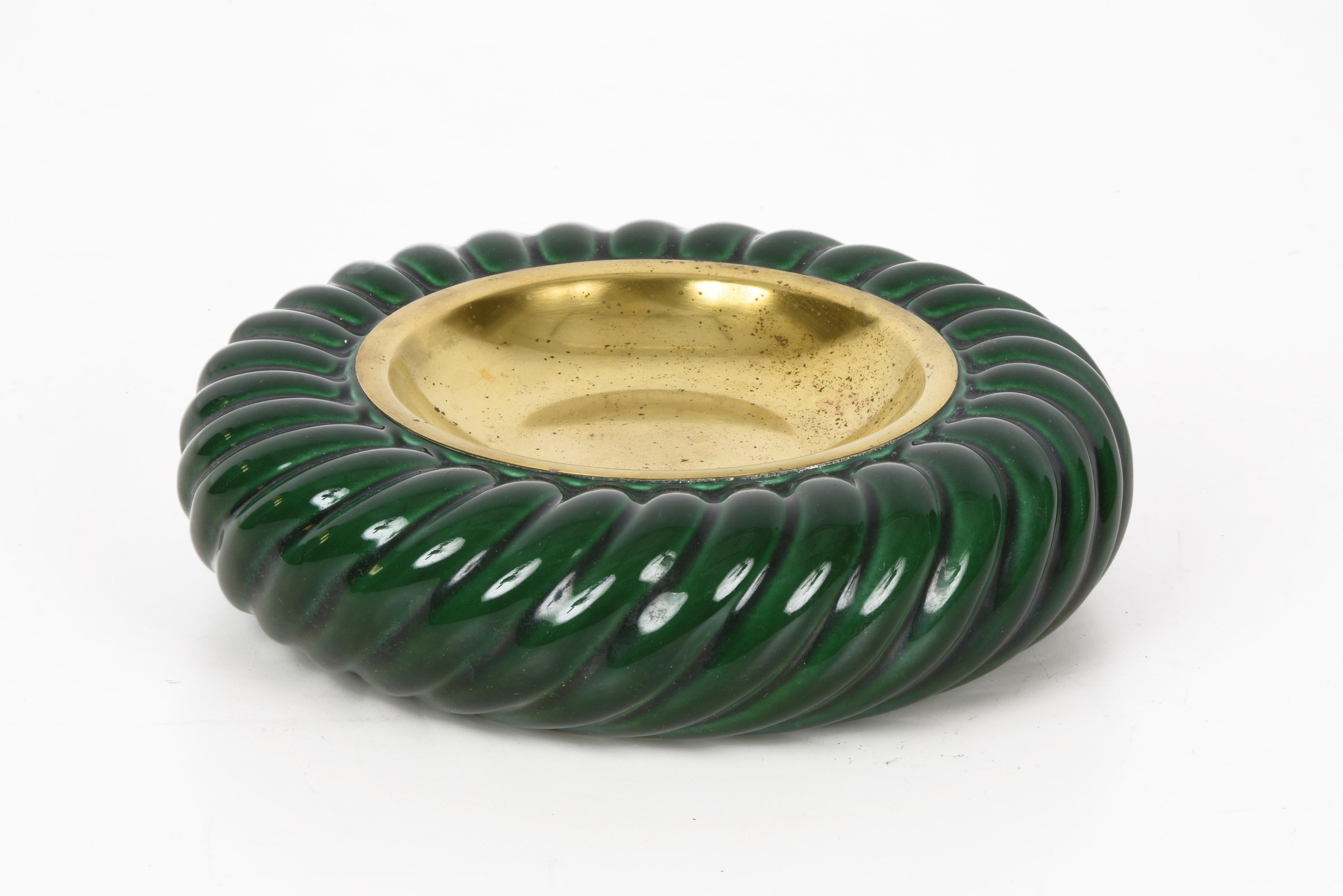 Tommaso Barbi Midcentury Green Ceramic and Brass Italian Ashtray, 1960s 2