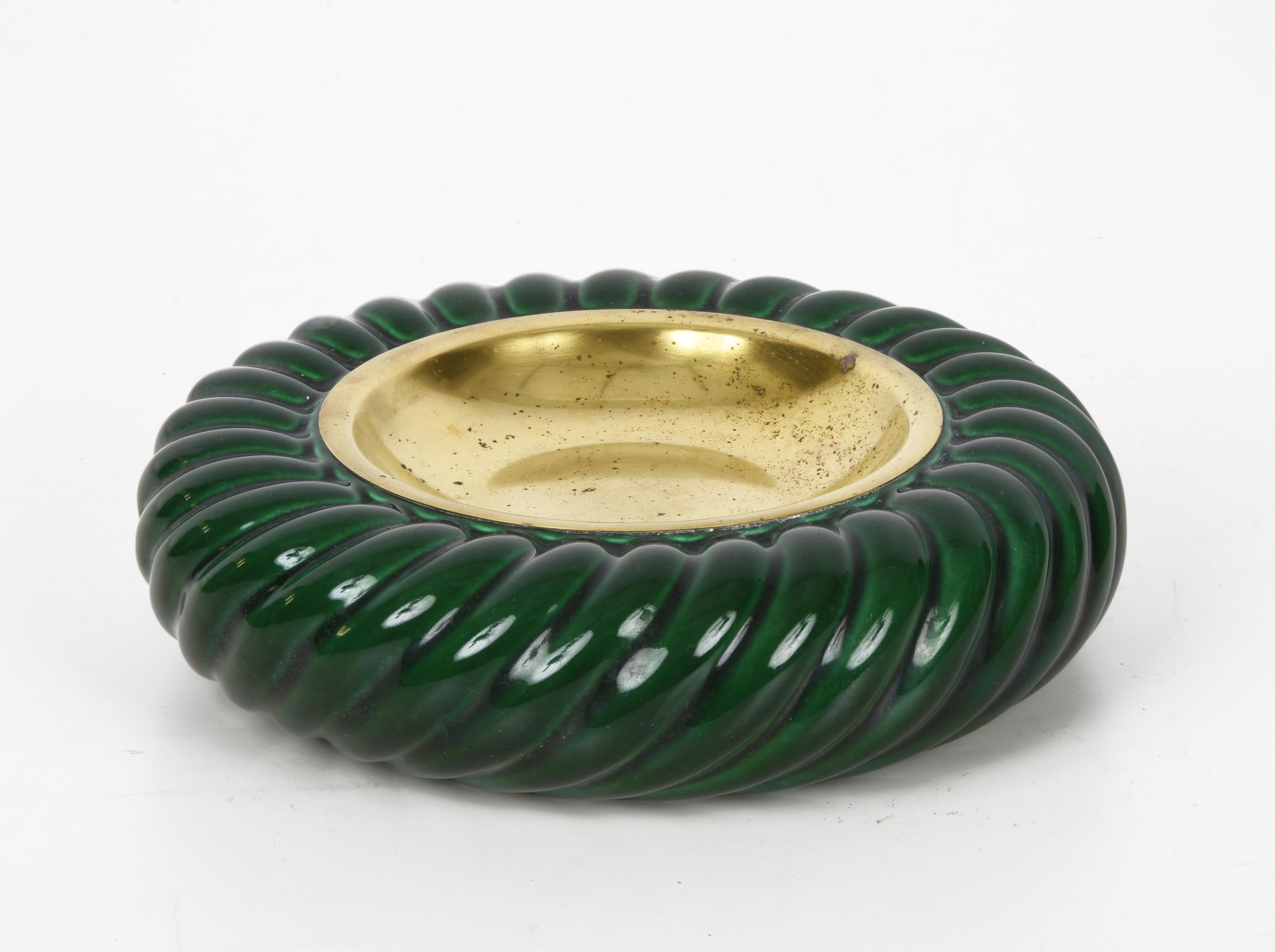 Tommaso Barbi Midcentury Green Ceramic and Brass Italian Ashtray, 1960s 3