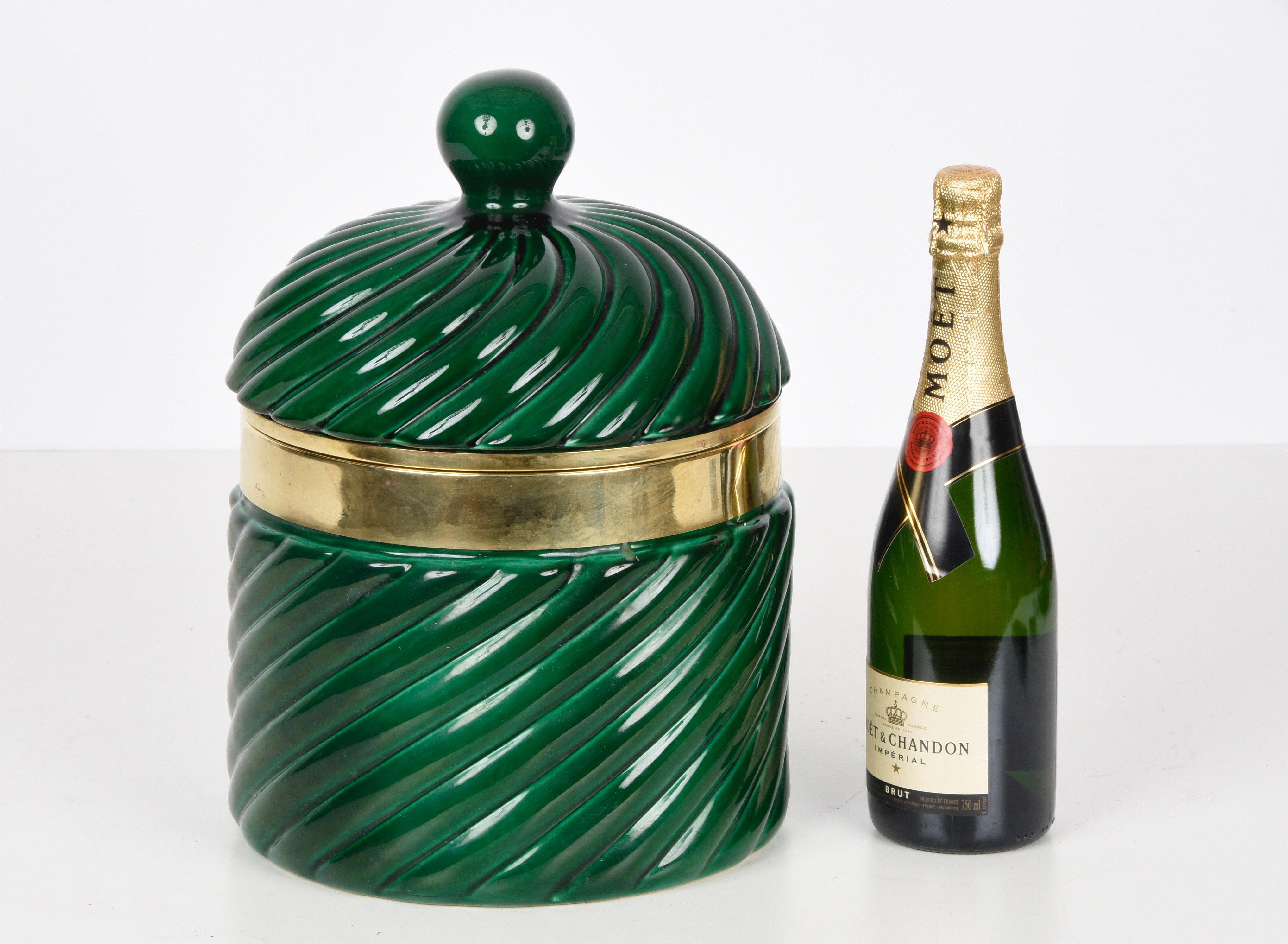 Tommaso Barbi Midcentury Green Ceramic and Brass Italian Ice Bucket, 1960s 4