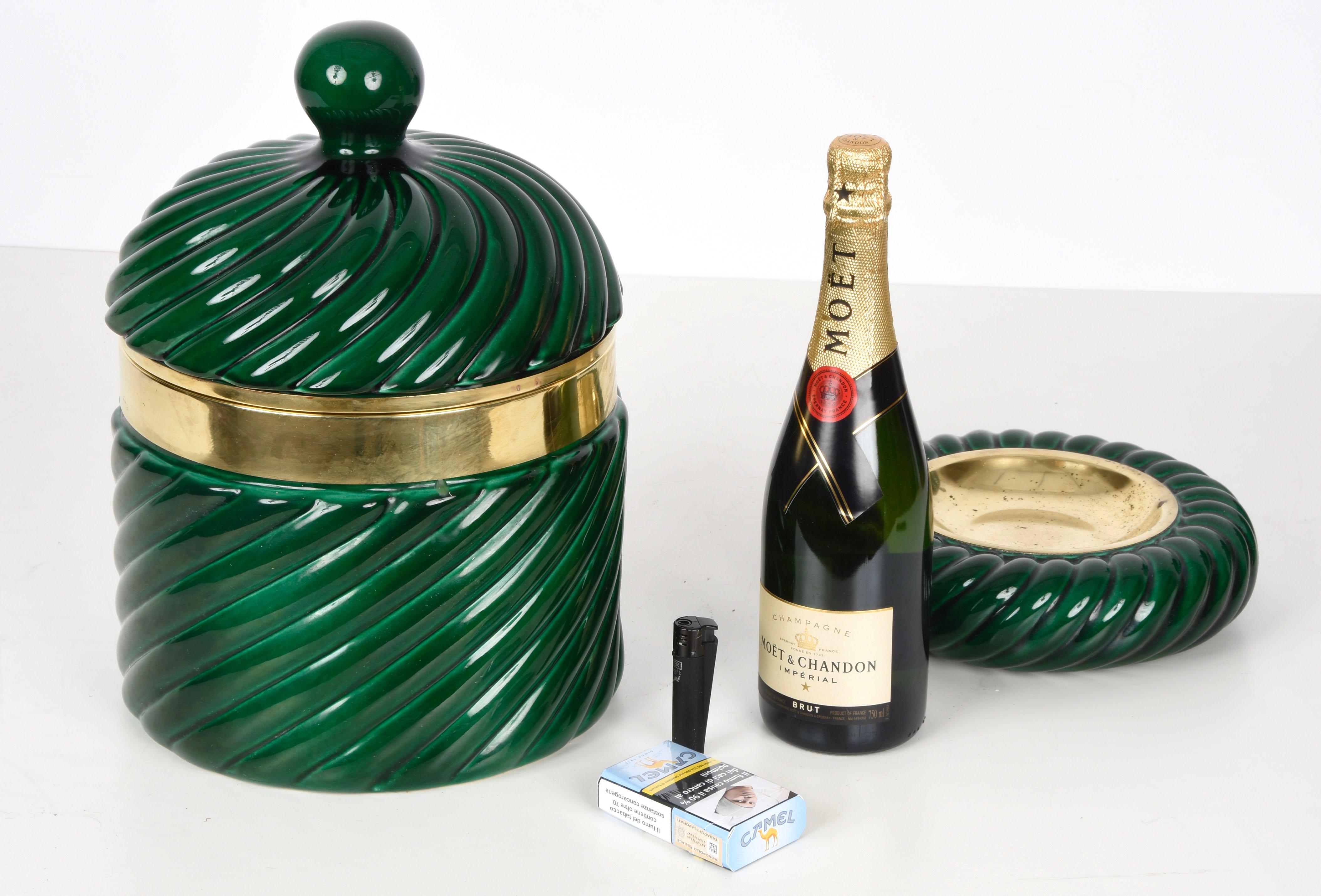 Tommaso Barbi Midcentury Green Ceramic and Brass Italian Ice Bucket, 1960s 5