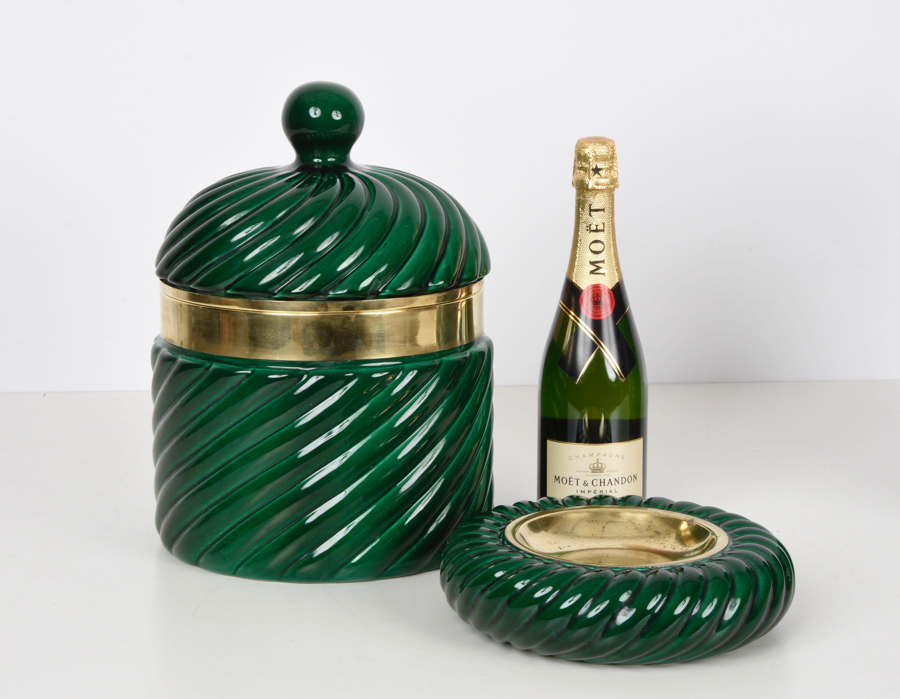 Tommaso Barbi Midcentury Green Ceramic and Brass Italian Ice Bucket, 1960s 6