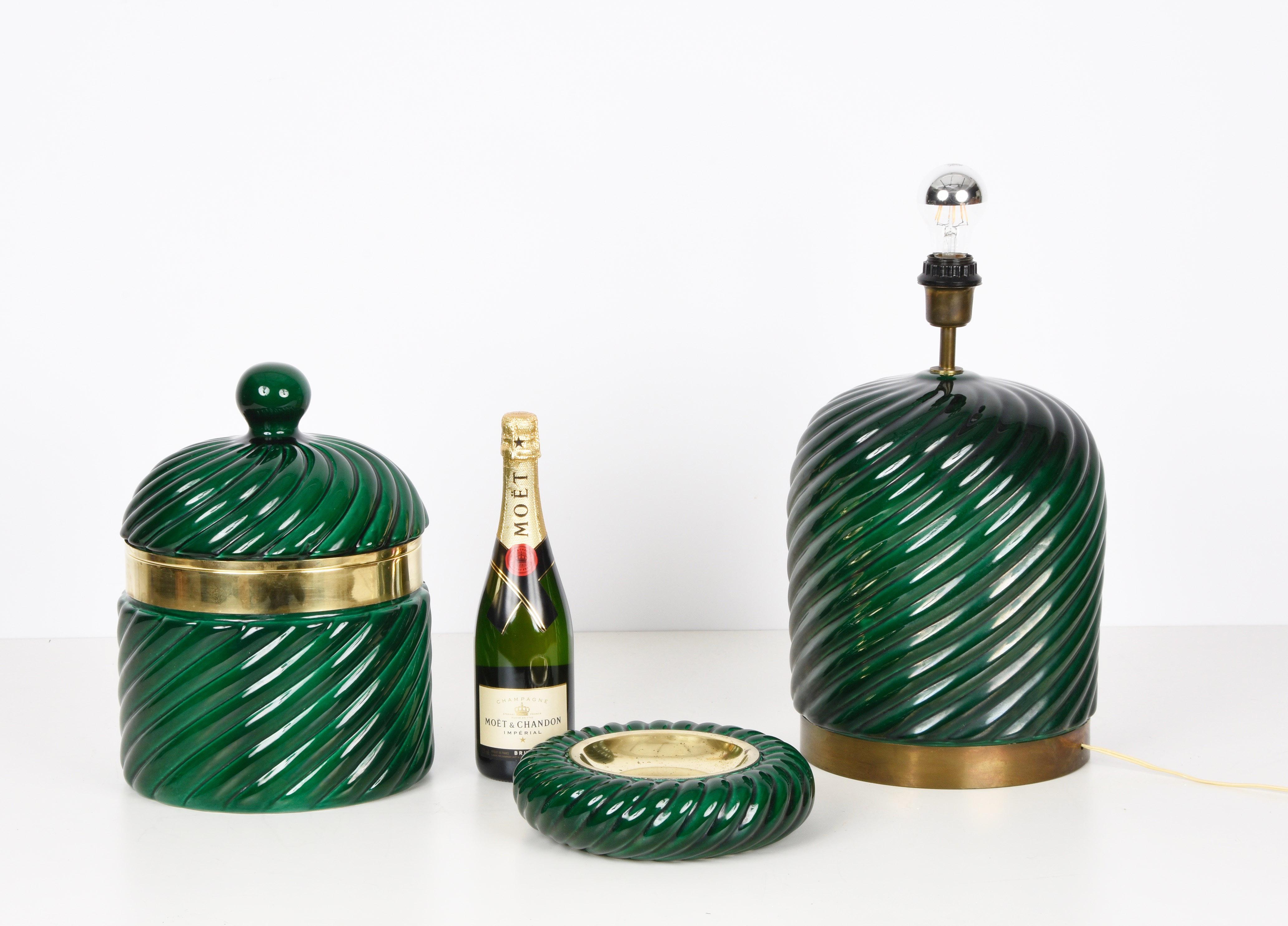 Tommaso Barbi Midcentury Green Ceramic and Brass Italian Ice Bucket, 1960s 7