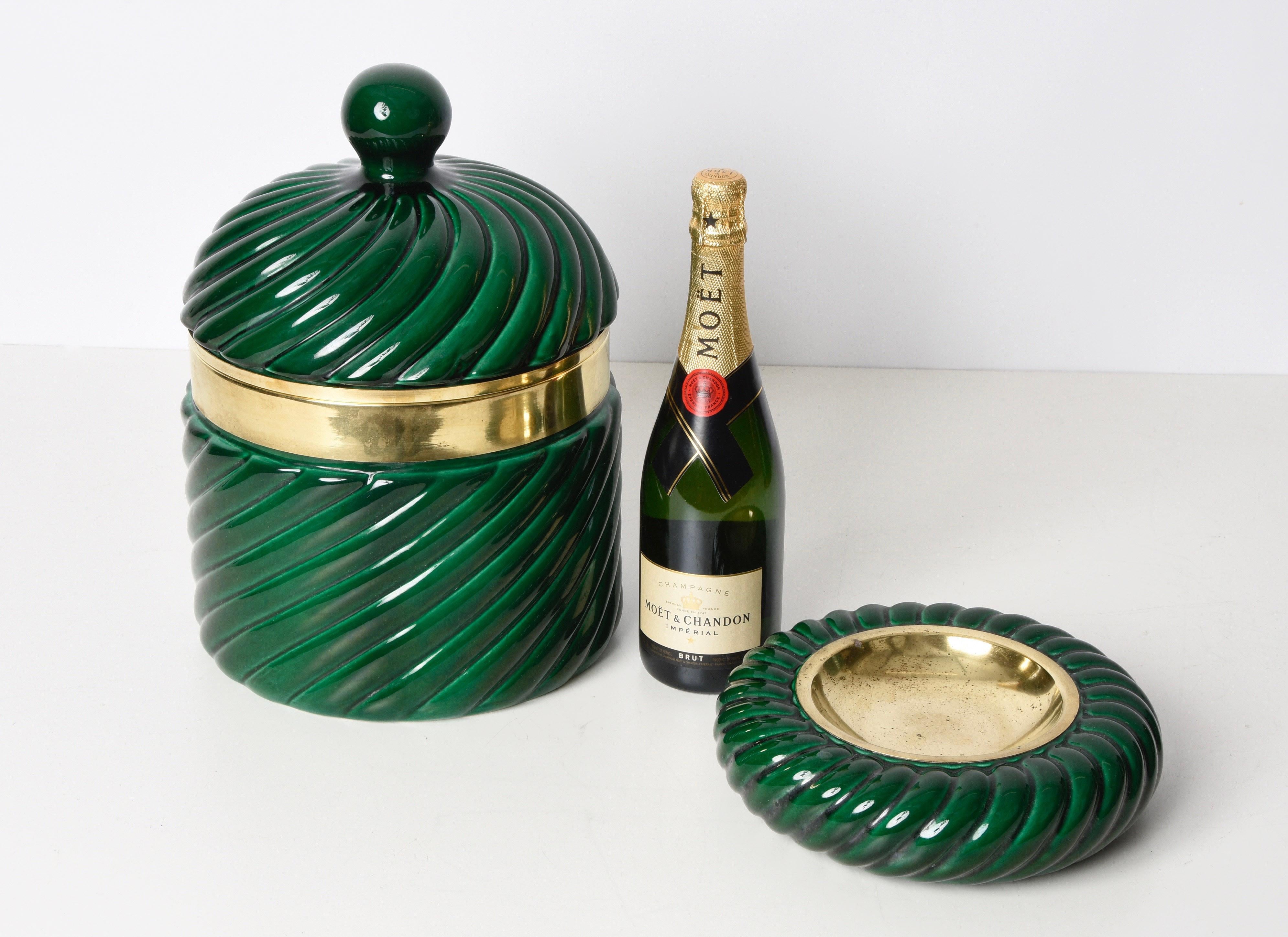 Tommaso Barbi Midcentury Green Ceramic and Brass Italian Ice Bucket, 1960s 8