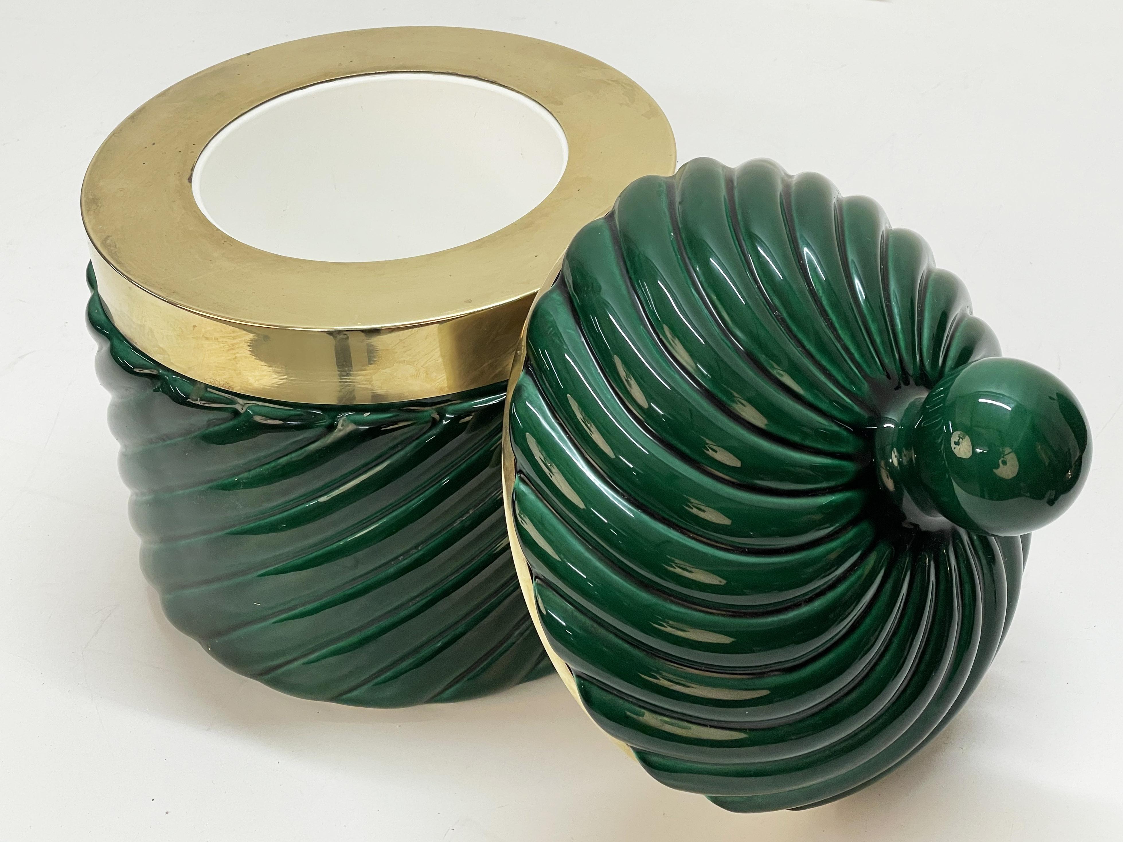 Mid-Century Modern Tommaso Barbi Midcentury Green Ceramic and Brass Italian Ice Bucket, 1960s