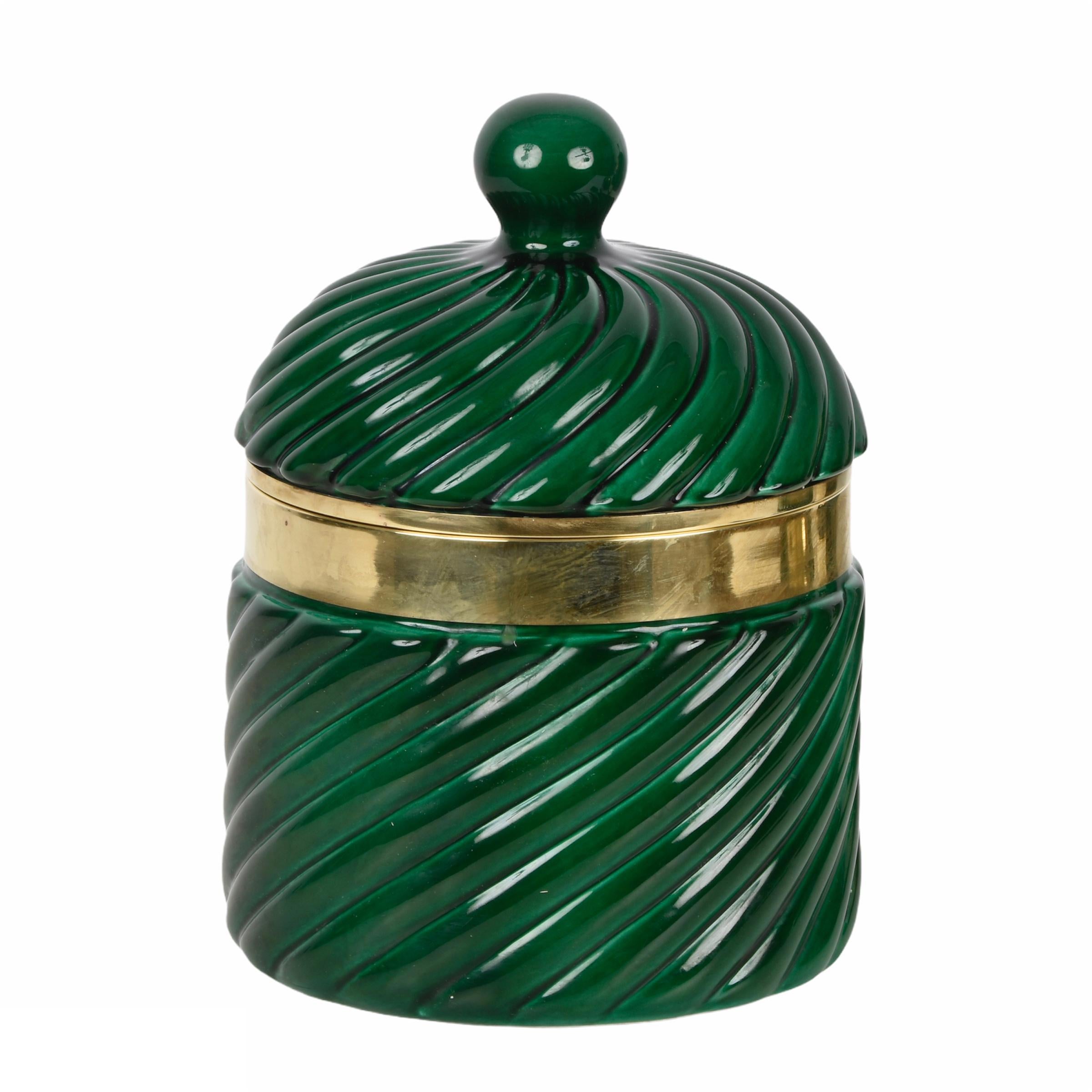 Tommaso Barbi Midcentury Green Ceramic and Brass Italian Ice Bucket, 1960s In Good Condition In Roma, IT