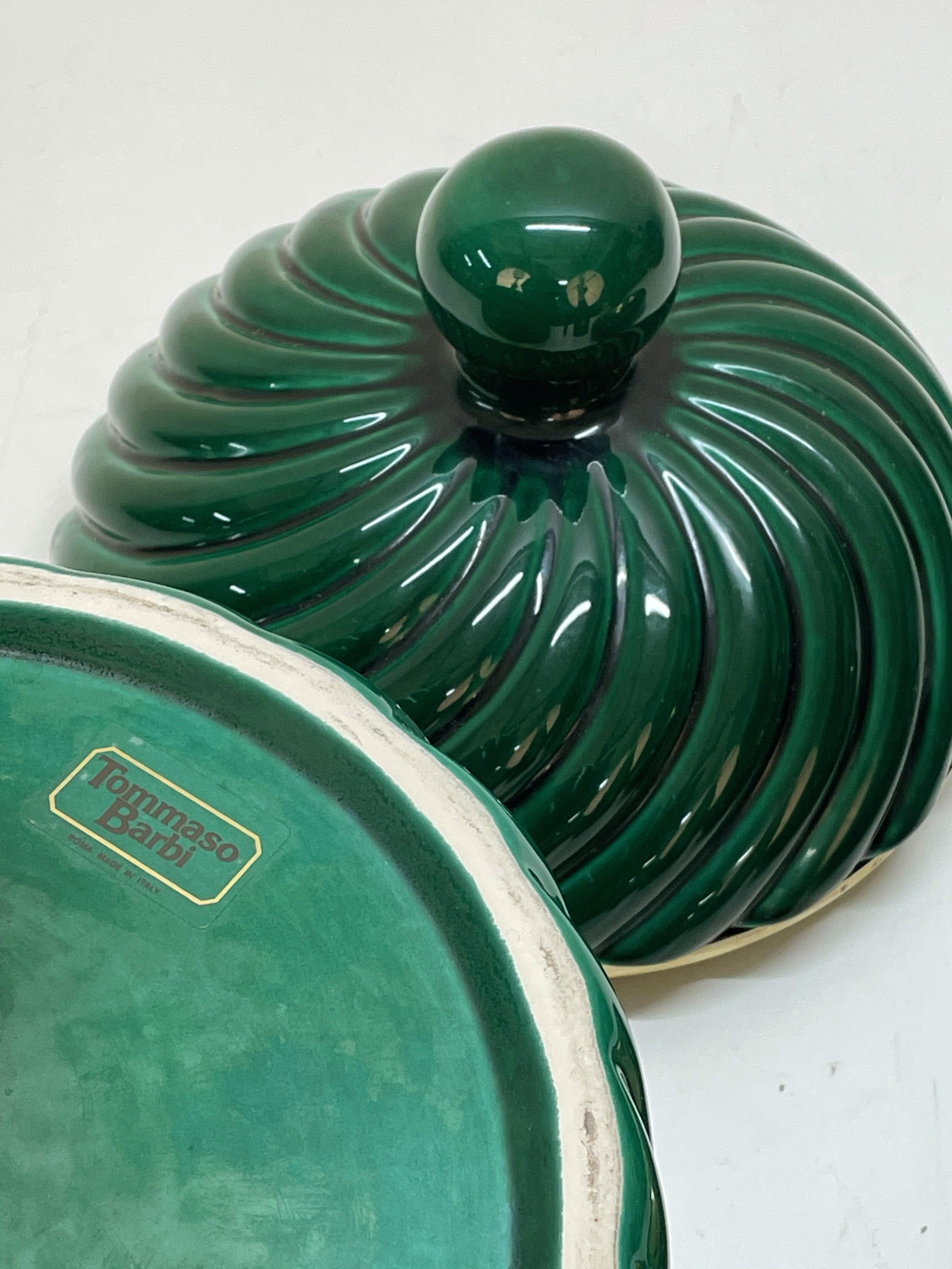 20th Century Tommaso Barbi Midcentury Green Ceramic and Brass Italian Ice Bucket, 1960s