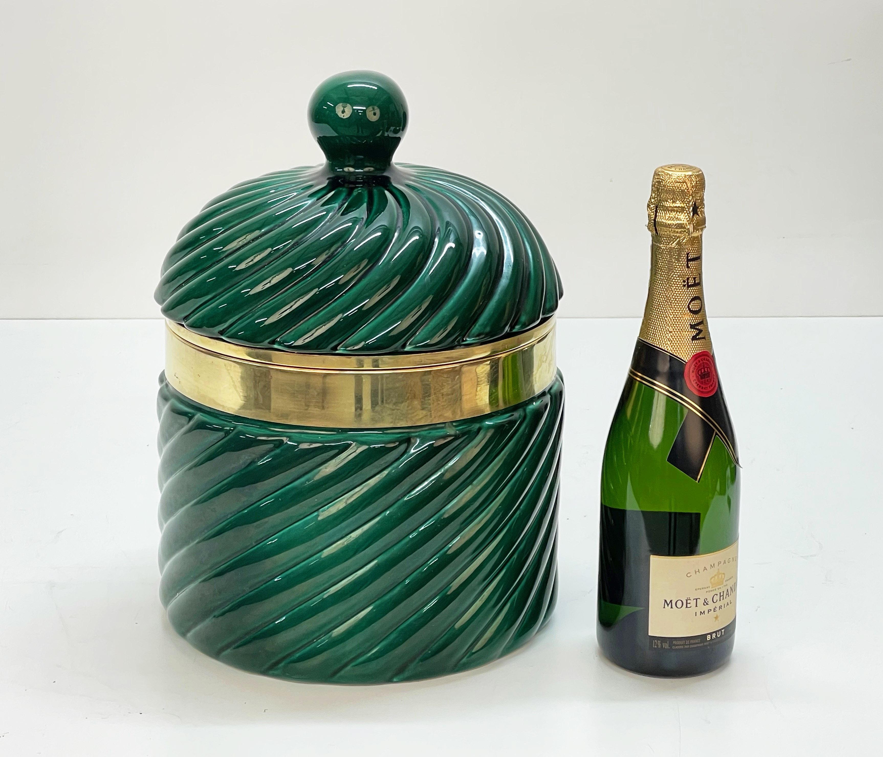 Tommaso Barbi Midcentury Green Ceramic and Brass Italian Ice Bucket, 1960s 2