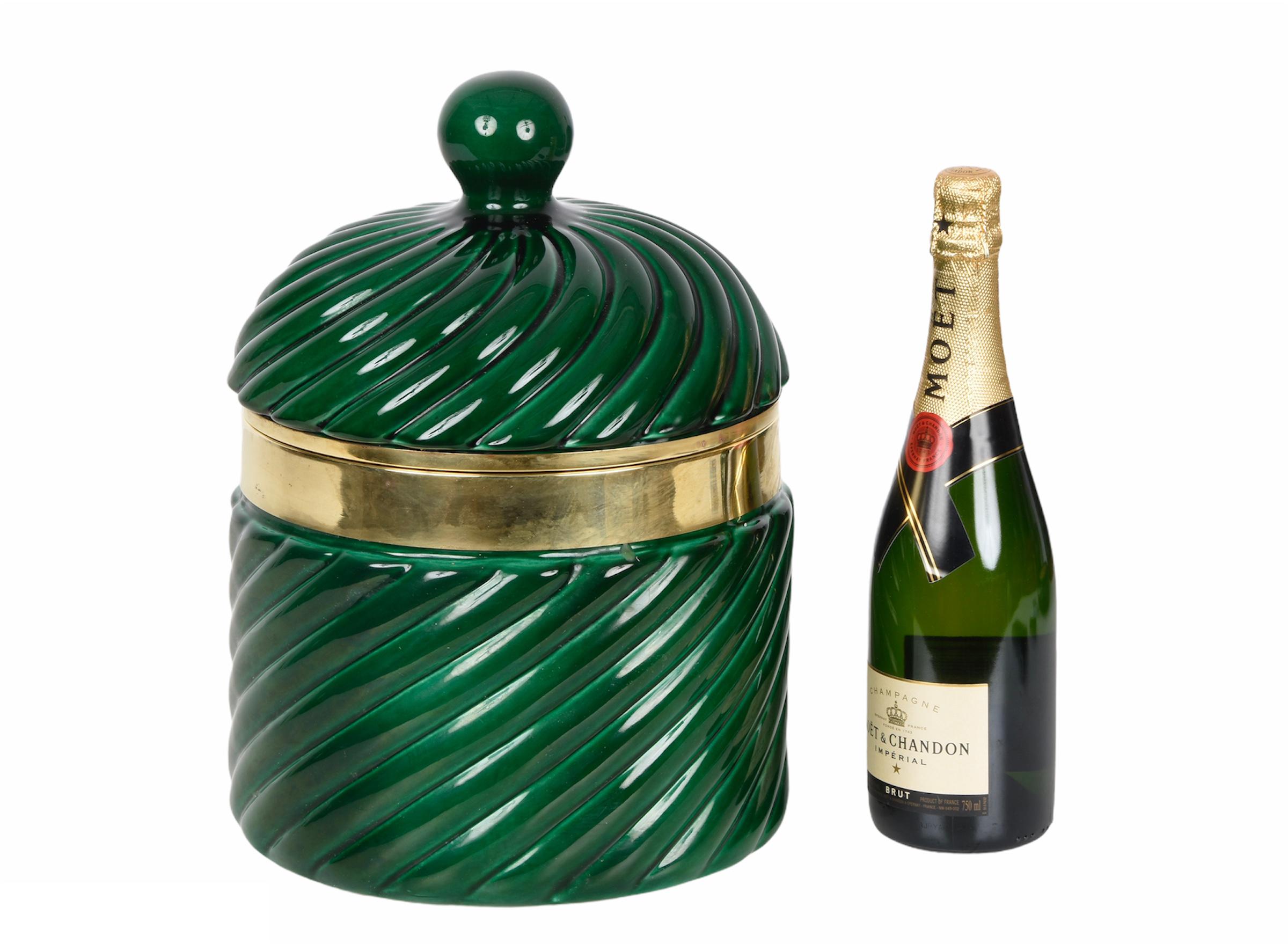 Tommaso Barbi Midcentury Green Ceramic and Brass Italian Ice Bucket, 1960s 3