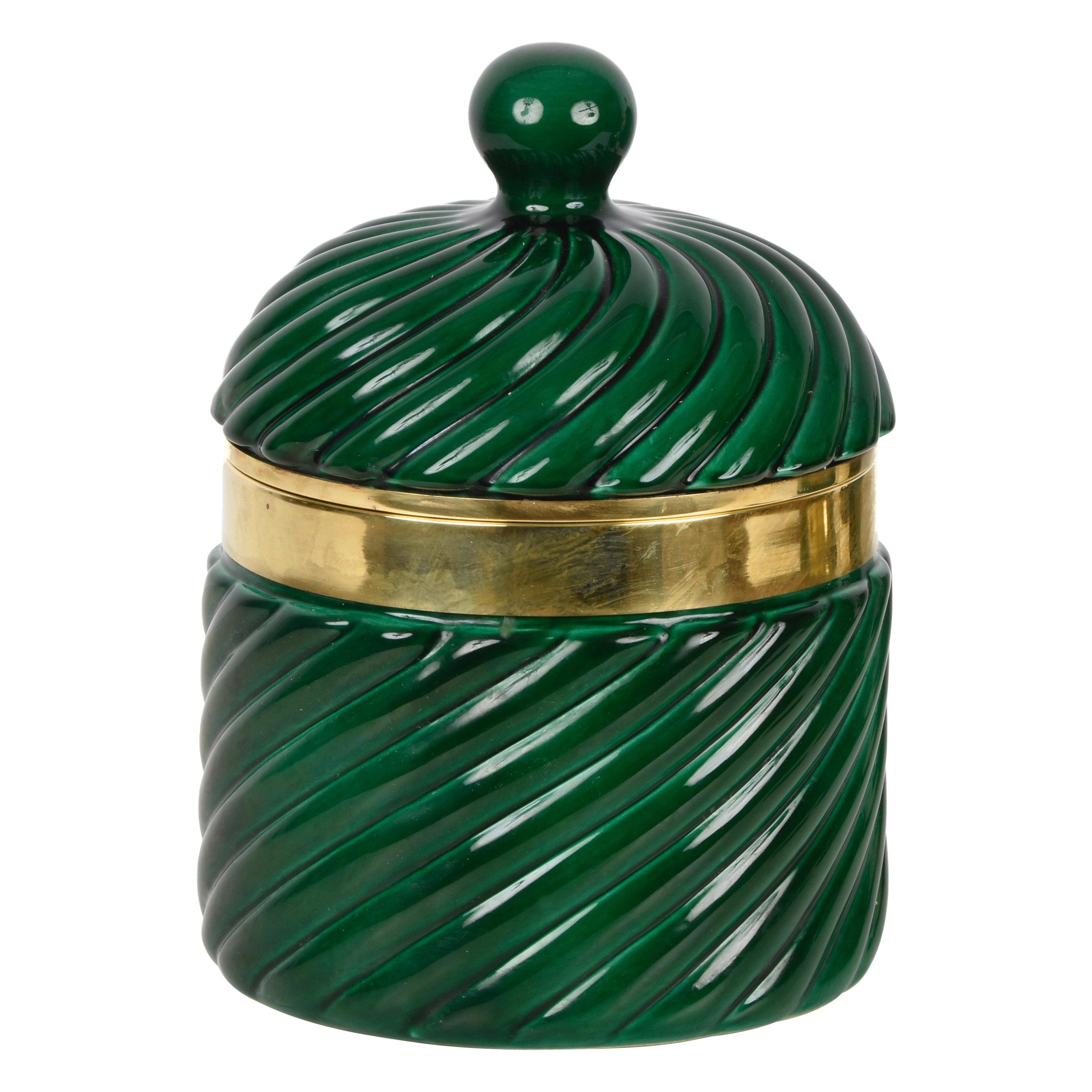 Tommaso Barbi Midcentury Green Ceramic and Brass Italian Ice Bucket, 1960s