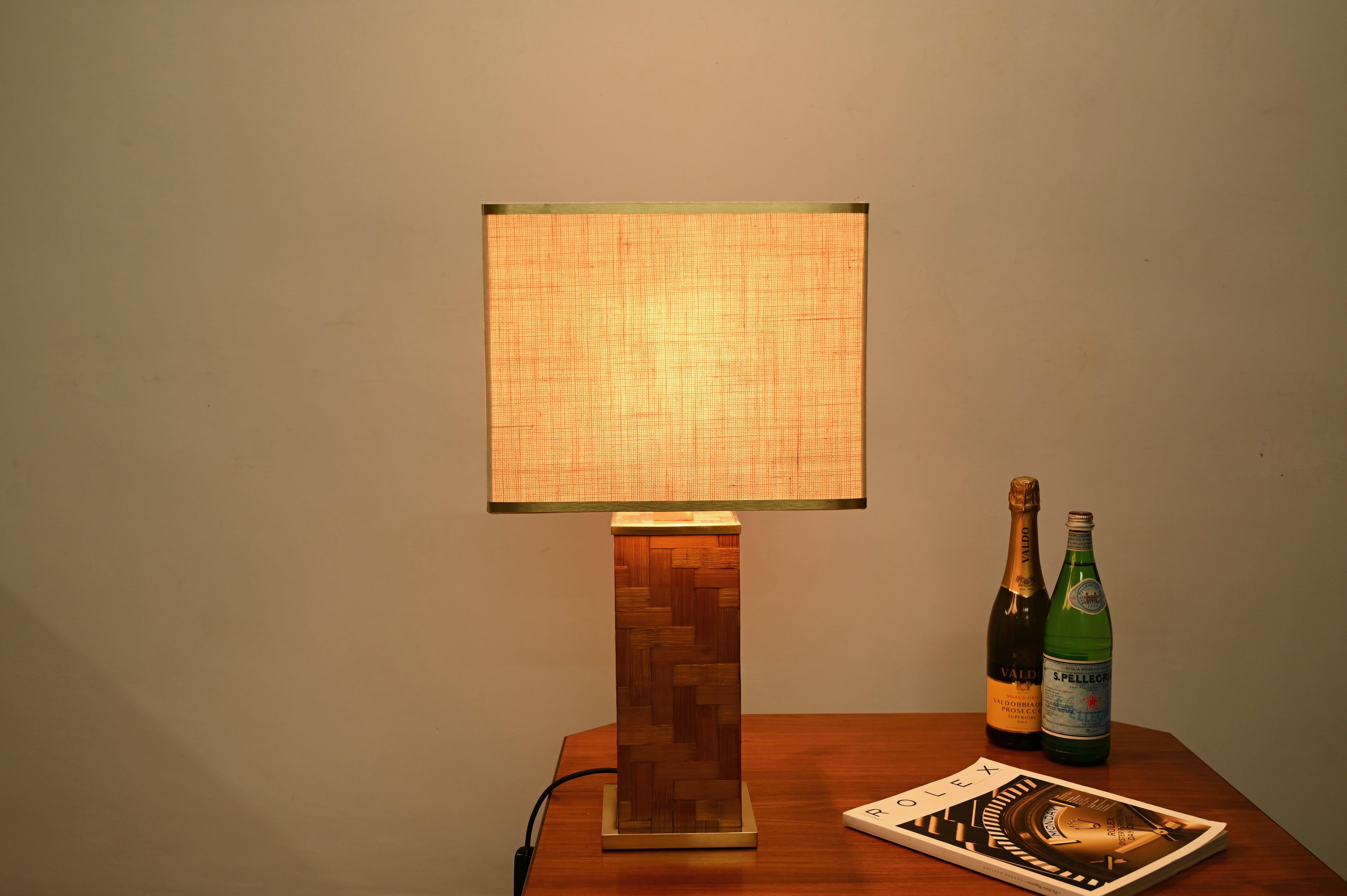Tommaso Barbi Midcentury Italian Brass and Rattan Square Table Lamp, 1970s For Sale 7