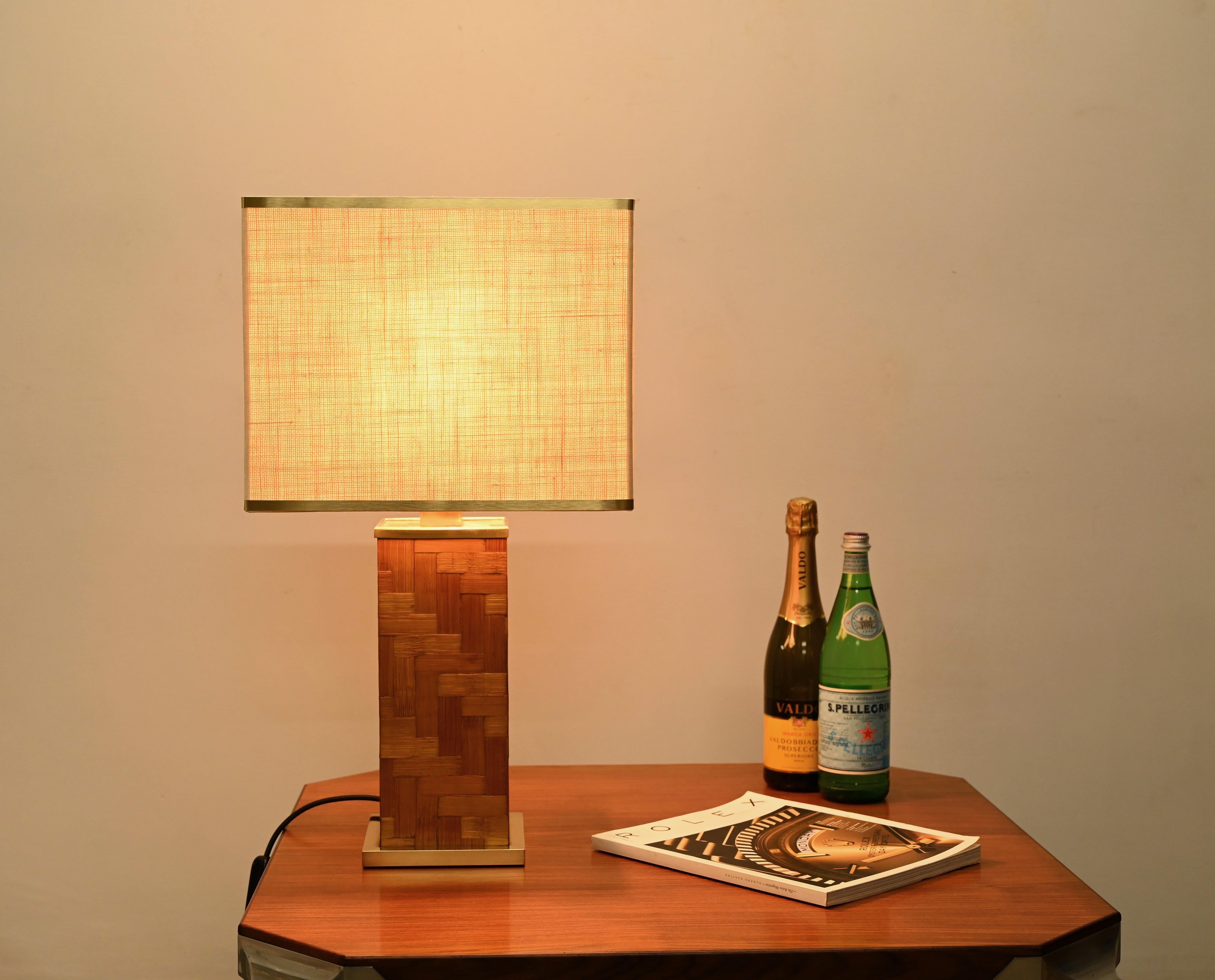 Mid-Century Modern Tommaso Barbi Midcentury Italian Brass and Rattan Square Table Lamp, 1970s For Sale