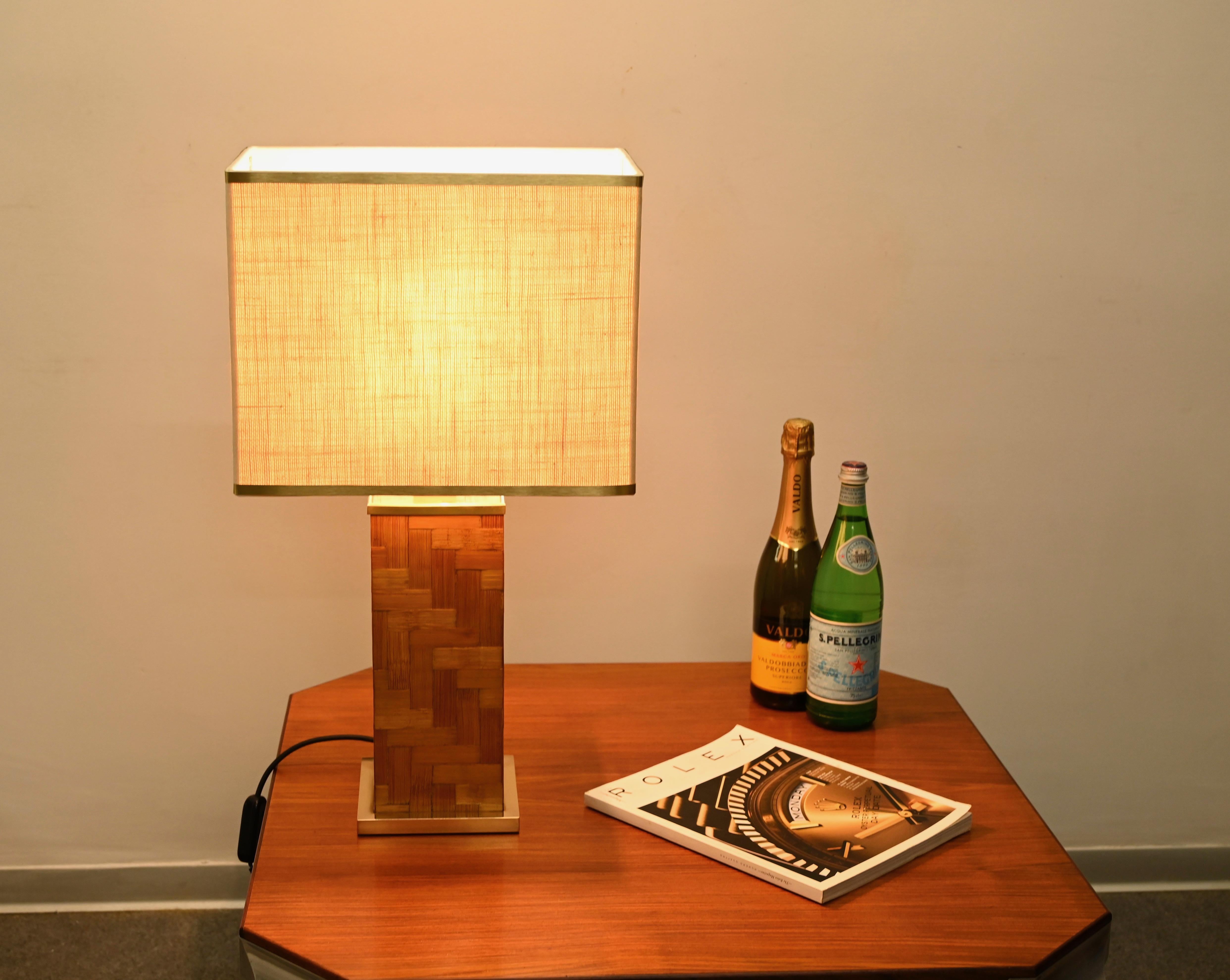 Tommaso Barbi Midcentury Italian Brass and Rattan Square Table Lamp, 1970s For Sale 3