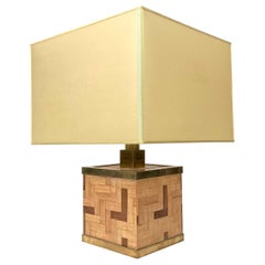 Tommaso Barbi Midcentury Italian Brass and Rattan Square Table Lamp, 1970s