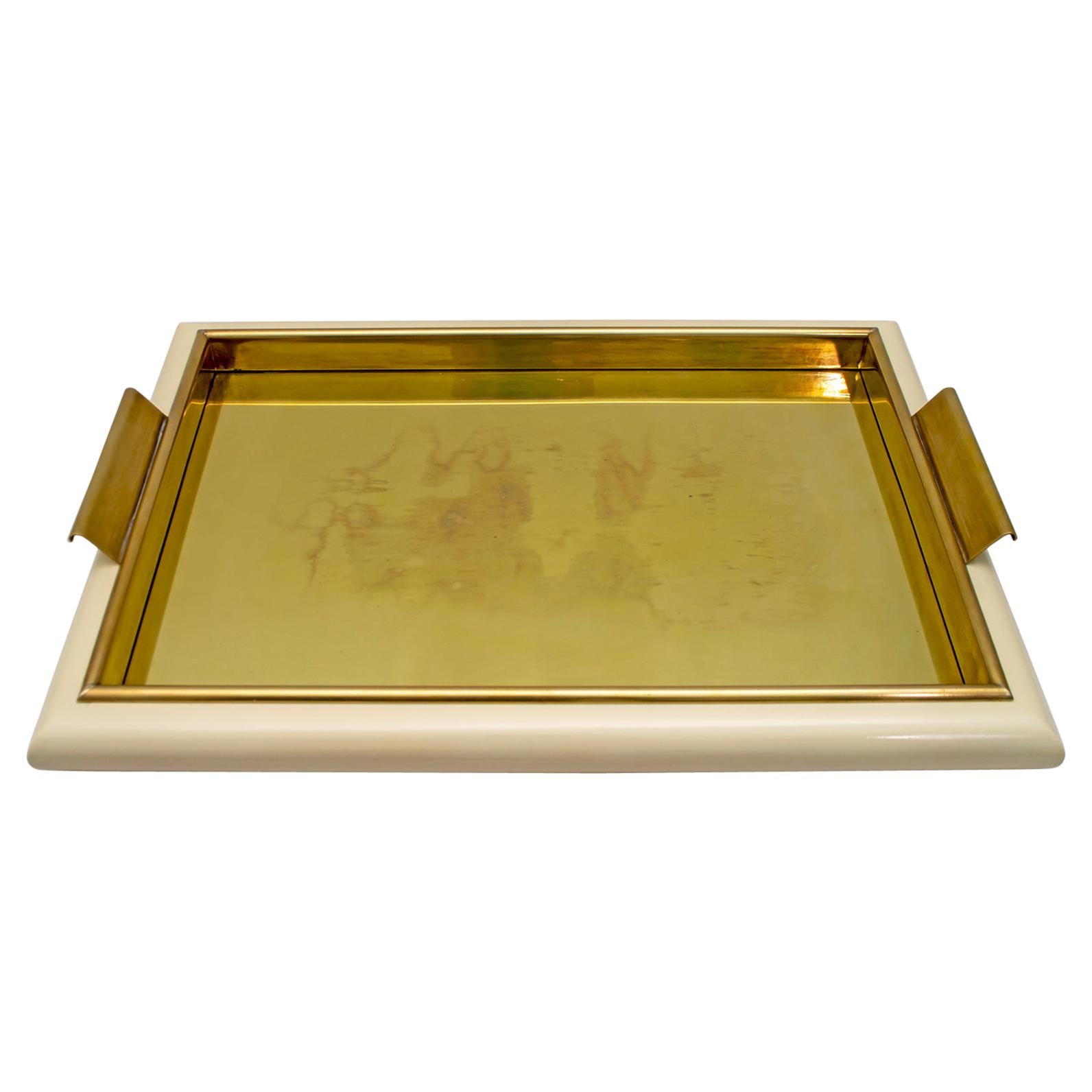 Tommaso Barbi Midcentury Italian Brass and Wood Tray, 1970s