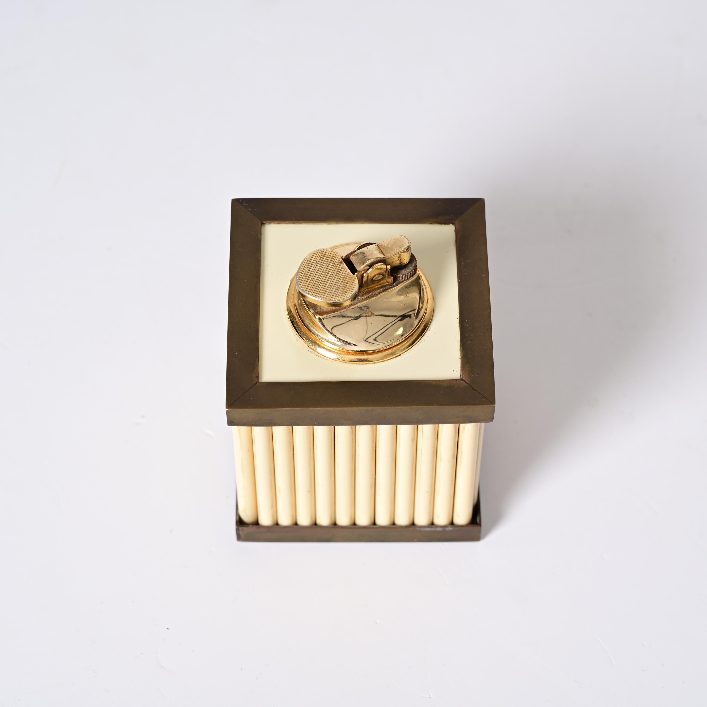 Tommaso Barbi Midcentury Lucite and Brass White Cream Italian Table Lighter 1970 5