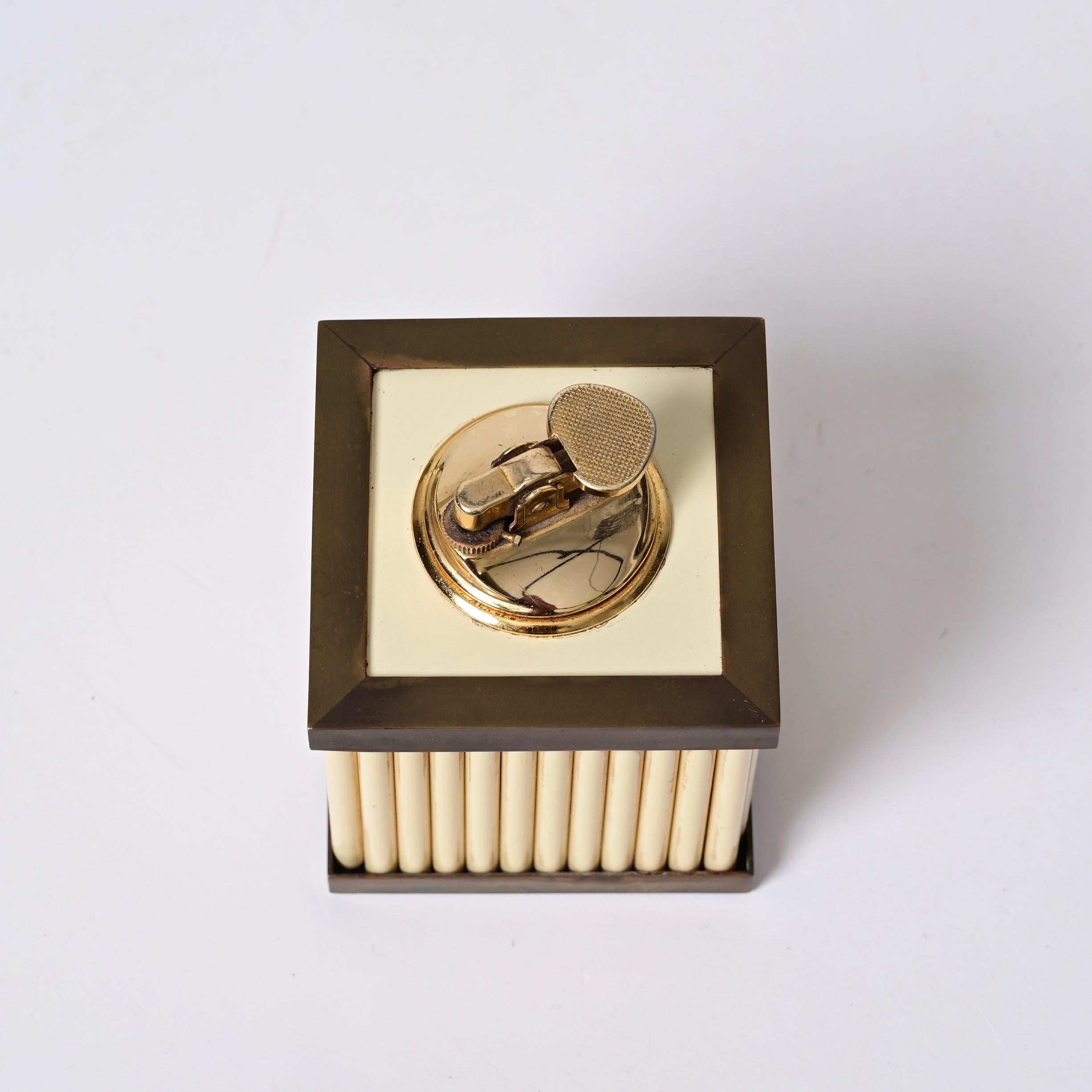 Tommaso Barbi Midcentury Lucite and Brass White Cream Italian Table Lighter 1970 12