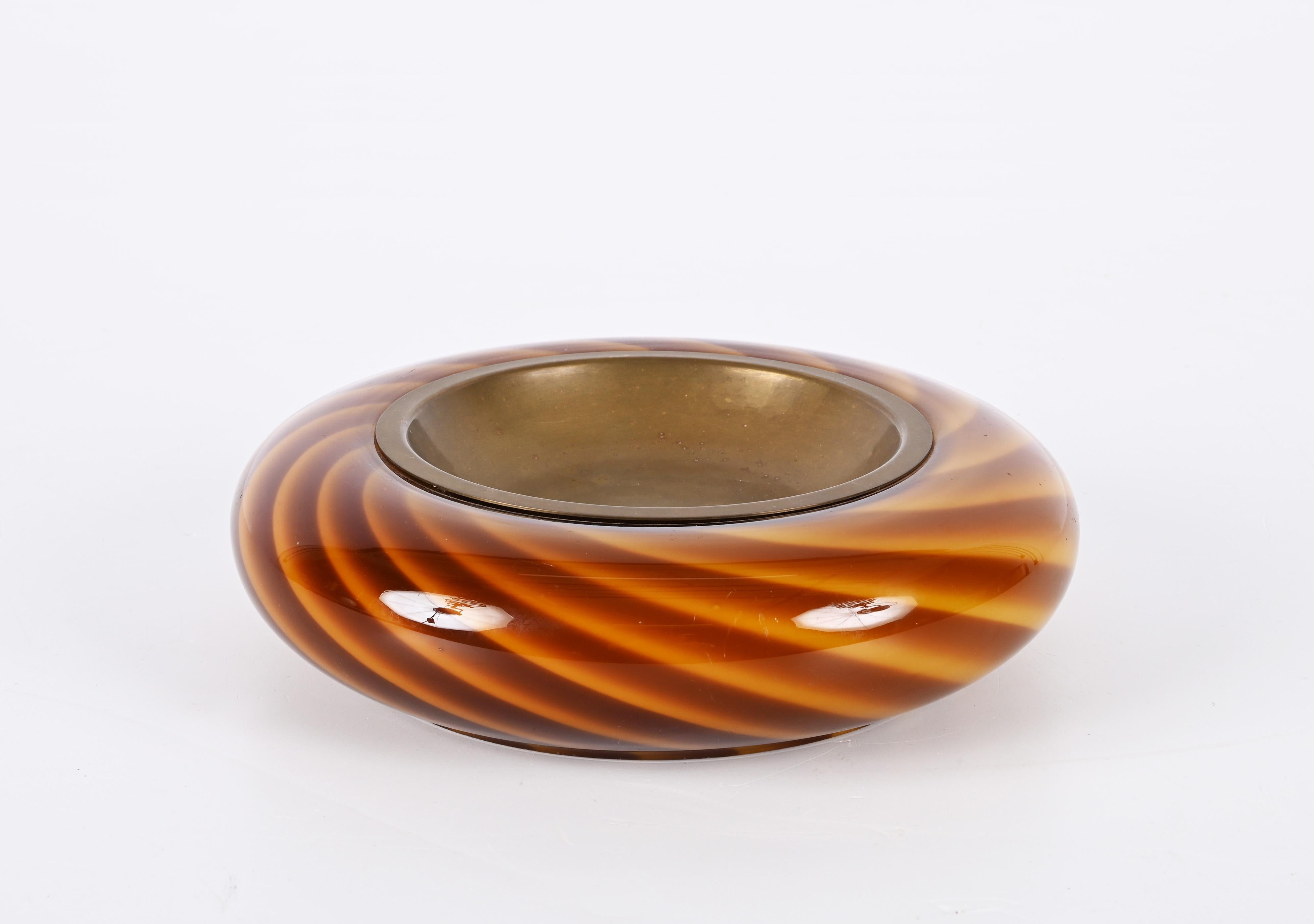 Art Glass Tommaso Barbi Midcentury Murano Glass and Brass Round Italian Ashtray, 1970s
