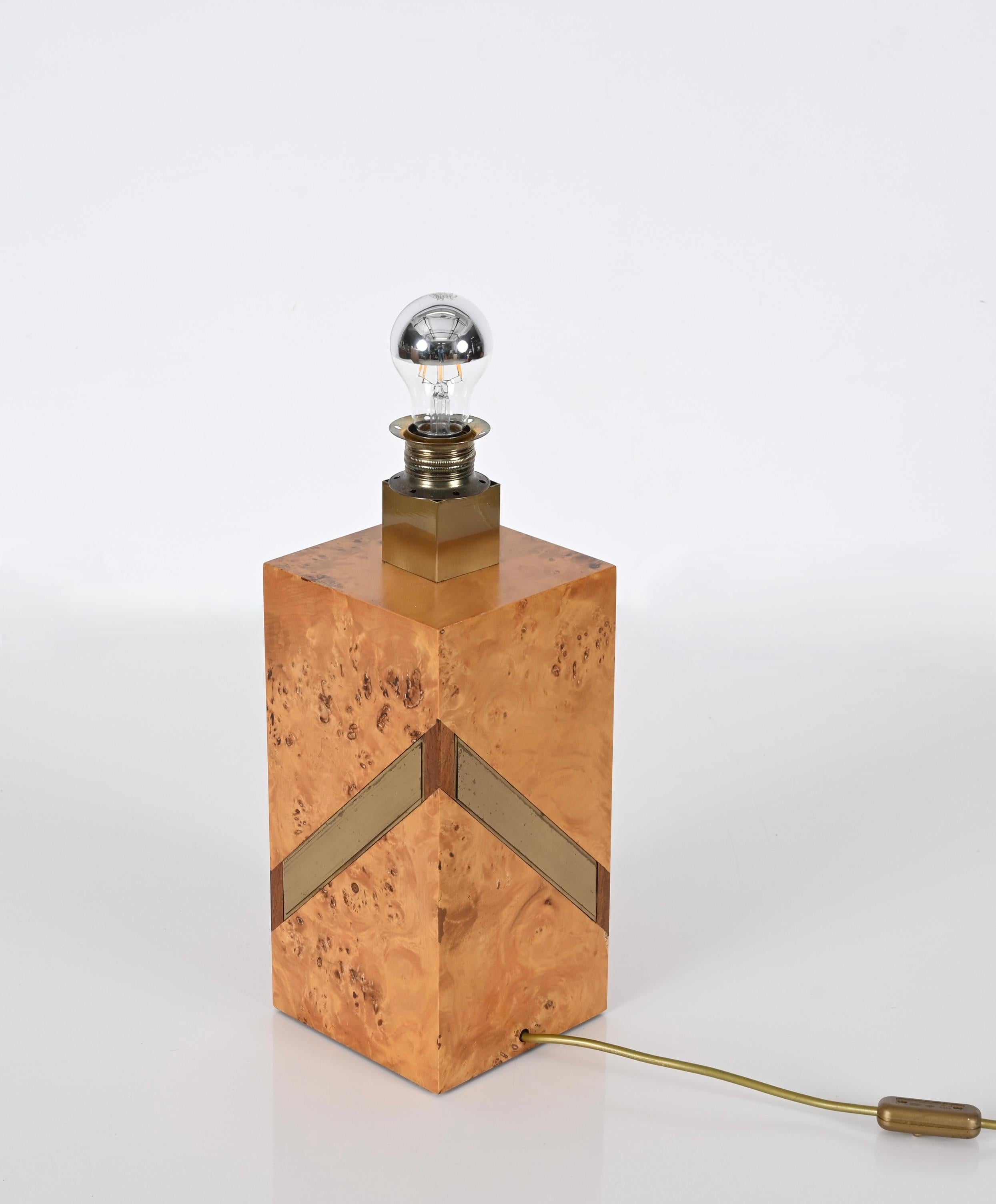 Tommaso Barbi Midcentury Poplar Burl and Brass Italian Table Lamp, 1970s For Sale 3