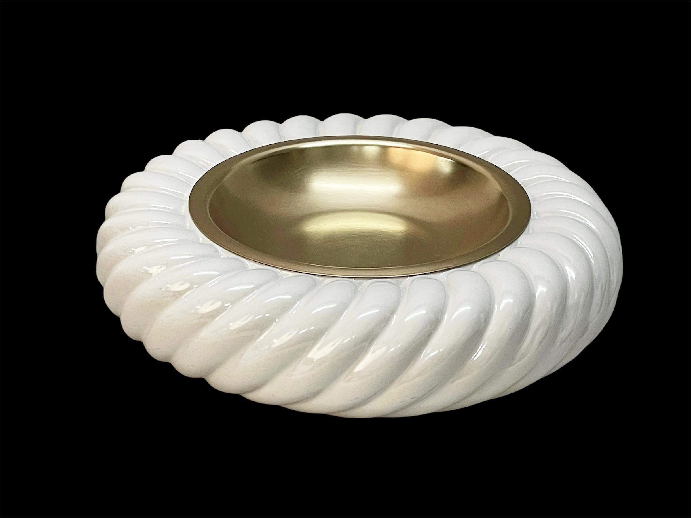 Tommaso Barbi Midcentury White Ceramic and Brass Italian Ashtrays, 1960s 2