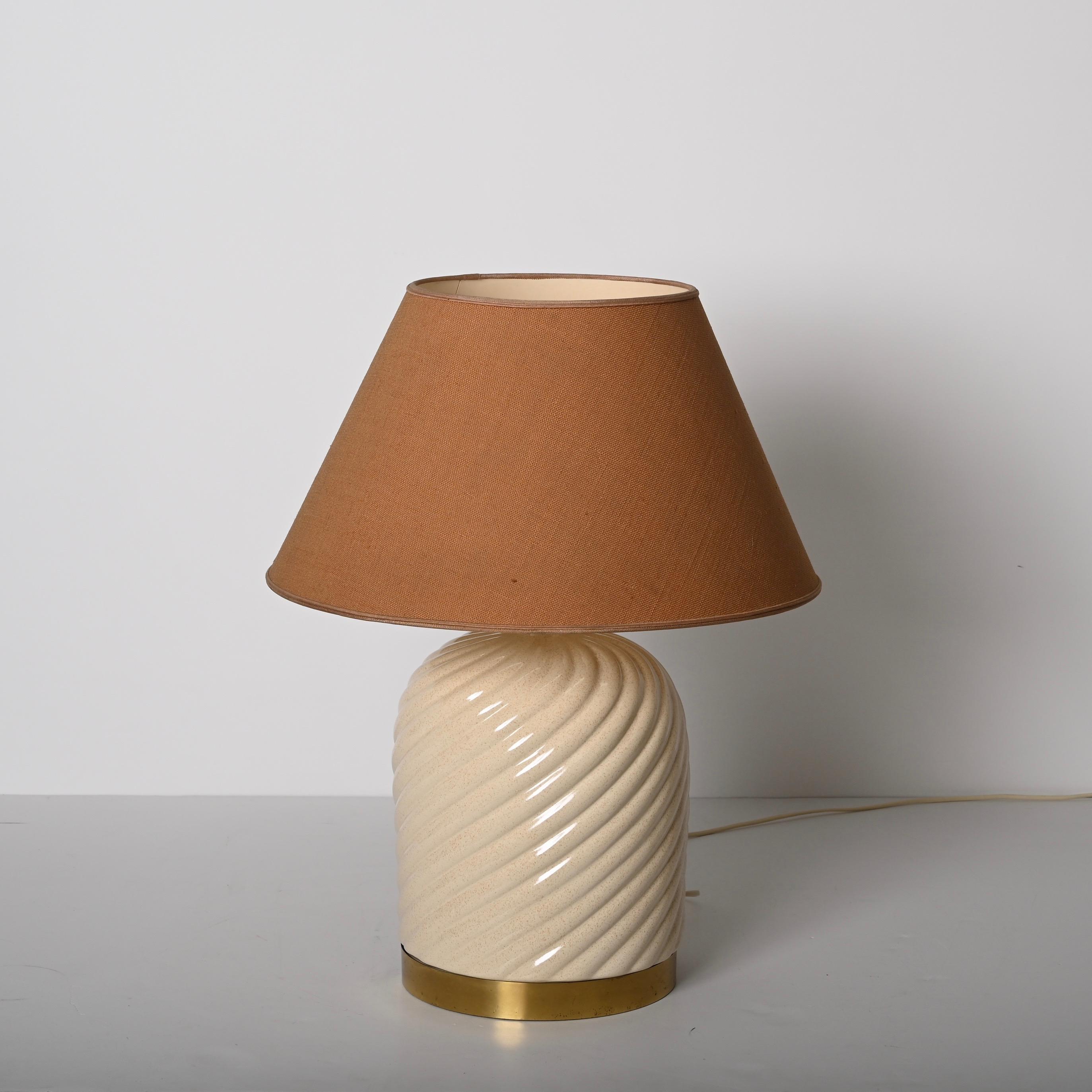 Tommaso Barbi Mid-Century White Ceramic and Brass Italian Table Lamp, 1960s 4