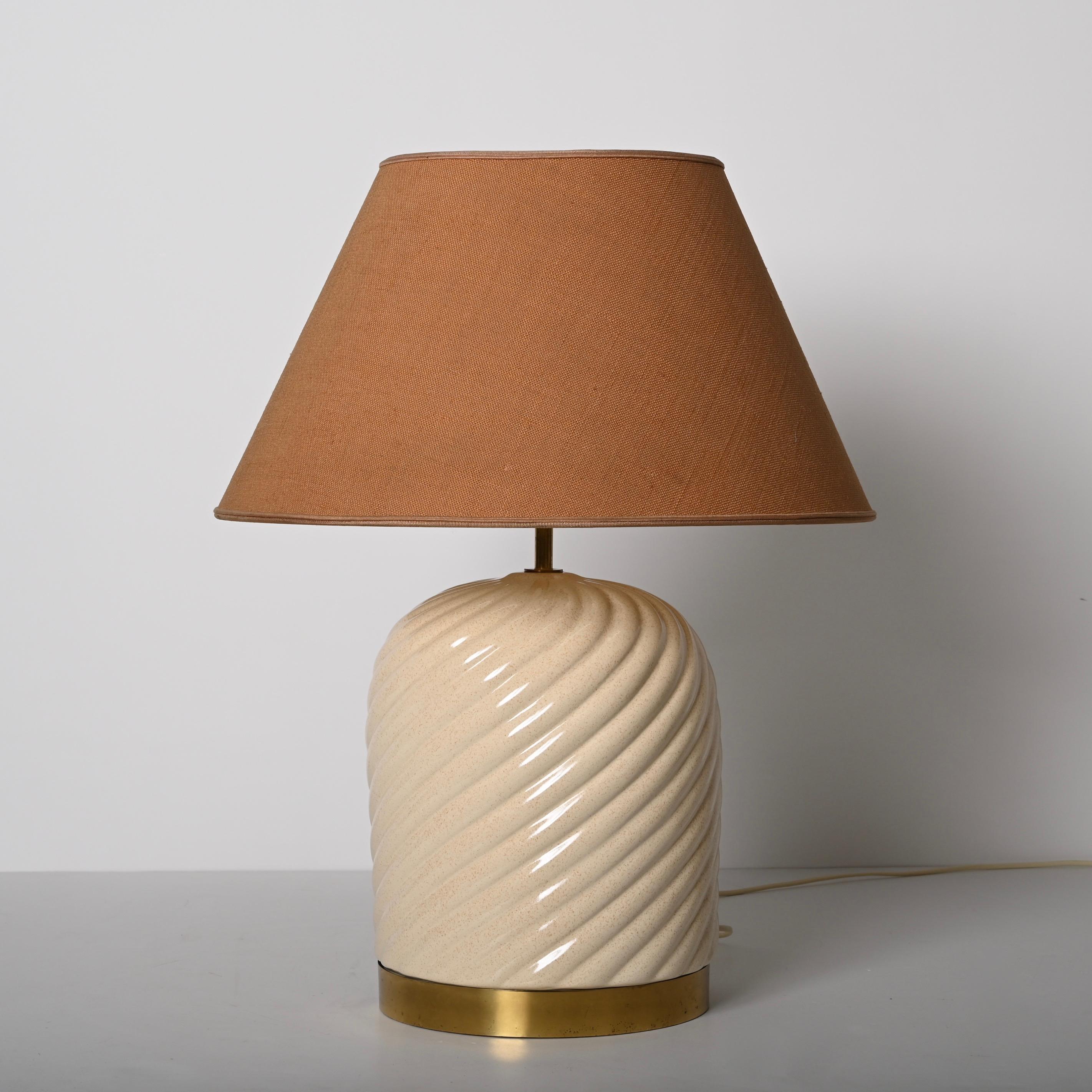 Tommaso Barbi Mid-Century White Ceramic and Brass Italian Table Lamp, 1960s 8