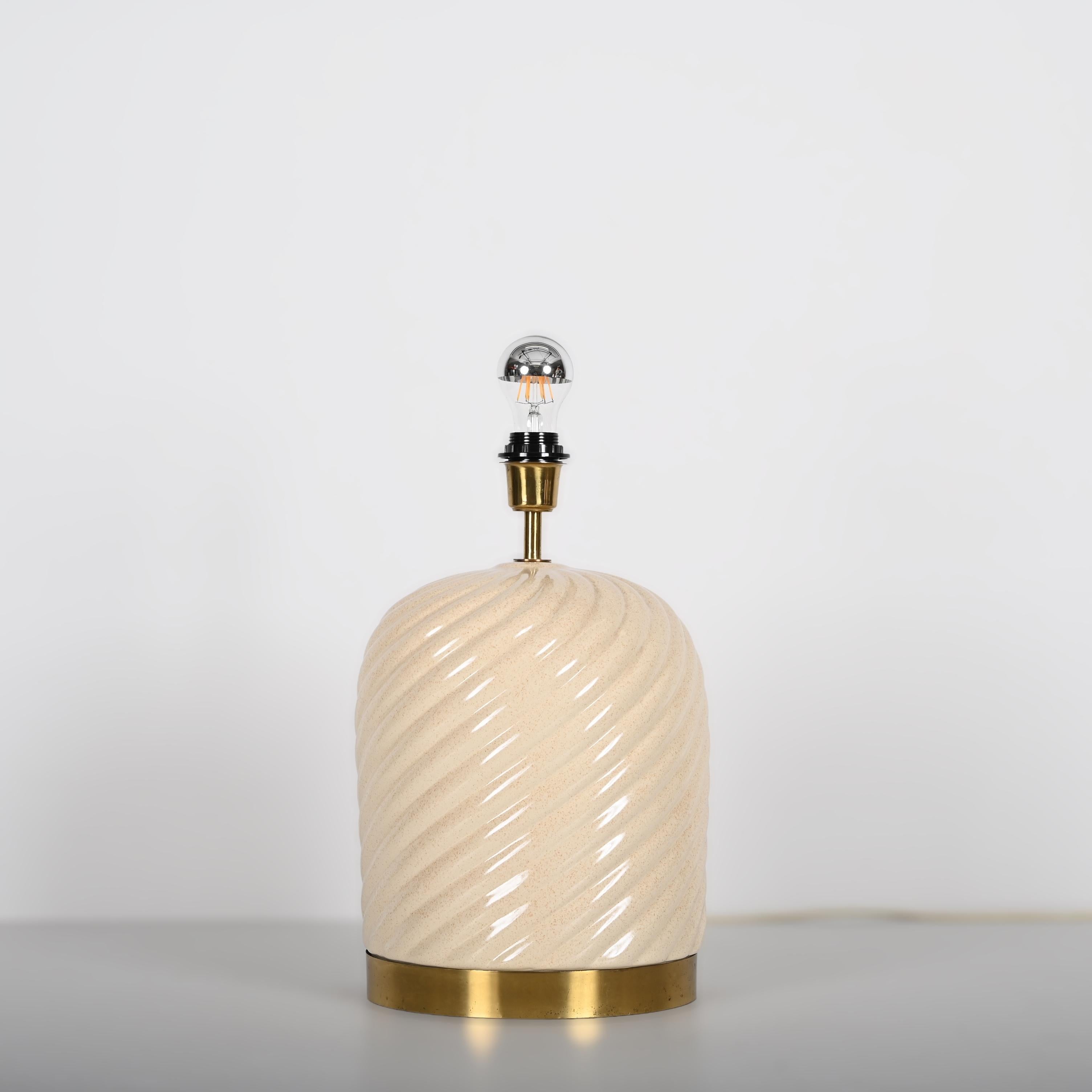 Mid-Century Modern Tommaso Barbi Mid-Century White Ceramic and Brass Italian Table Lamp, 1960s