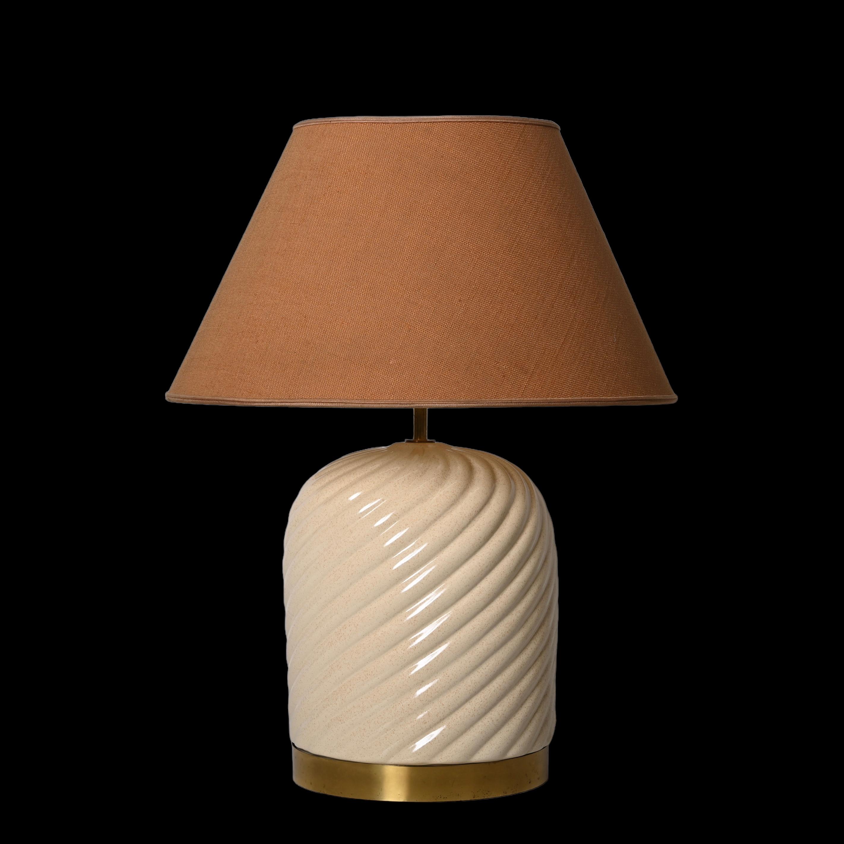 Enameled Tommaso Barbi Mid-Century White Ceramic and Brass Italian Table Lamp, 1960s