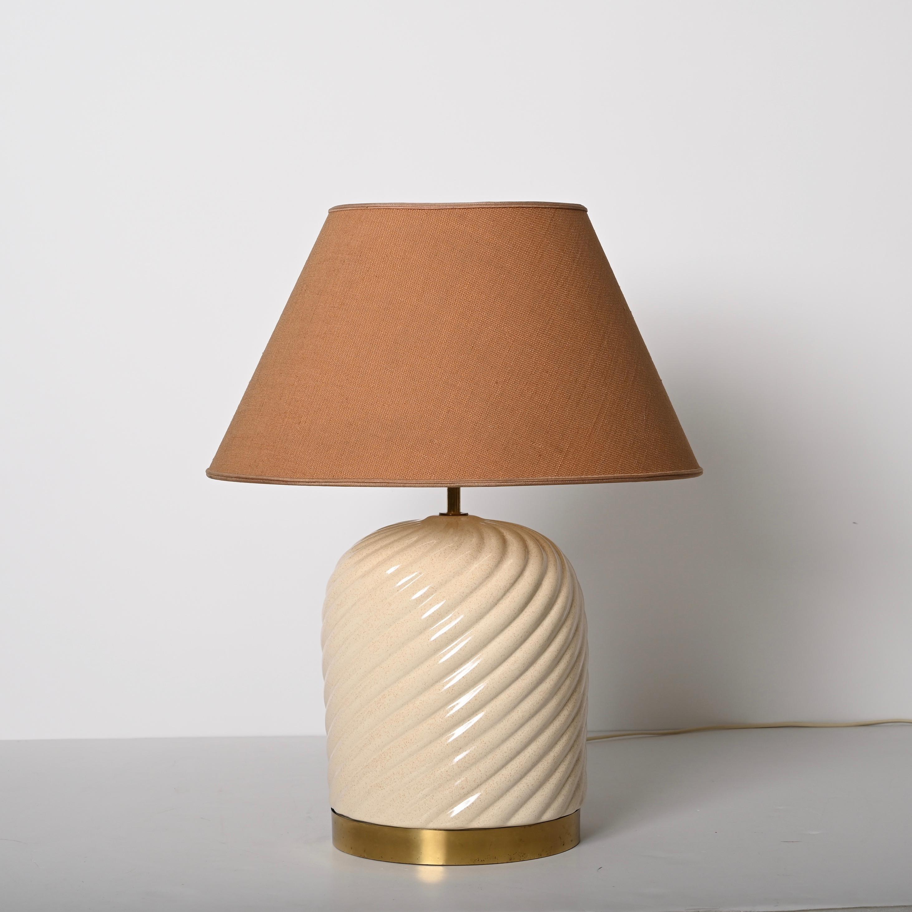 Mid-20th Century Tommaso Barbi Mid-Century White Ceramic and Brass Italian Table Lamp, 1960s