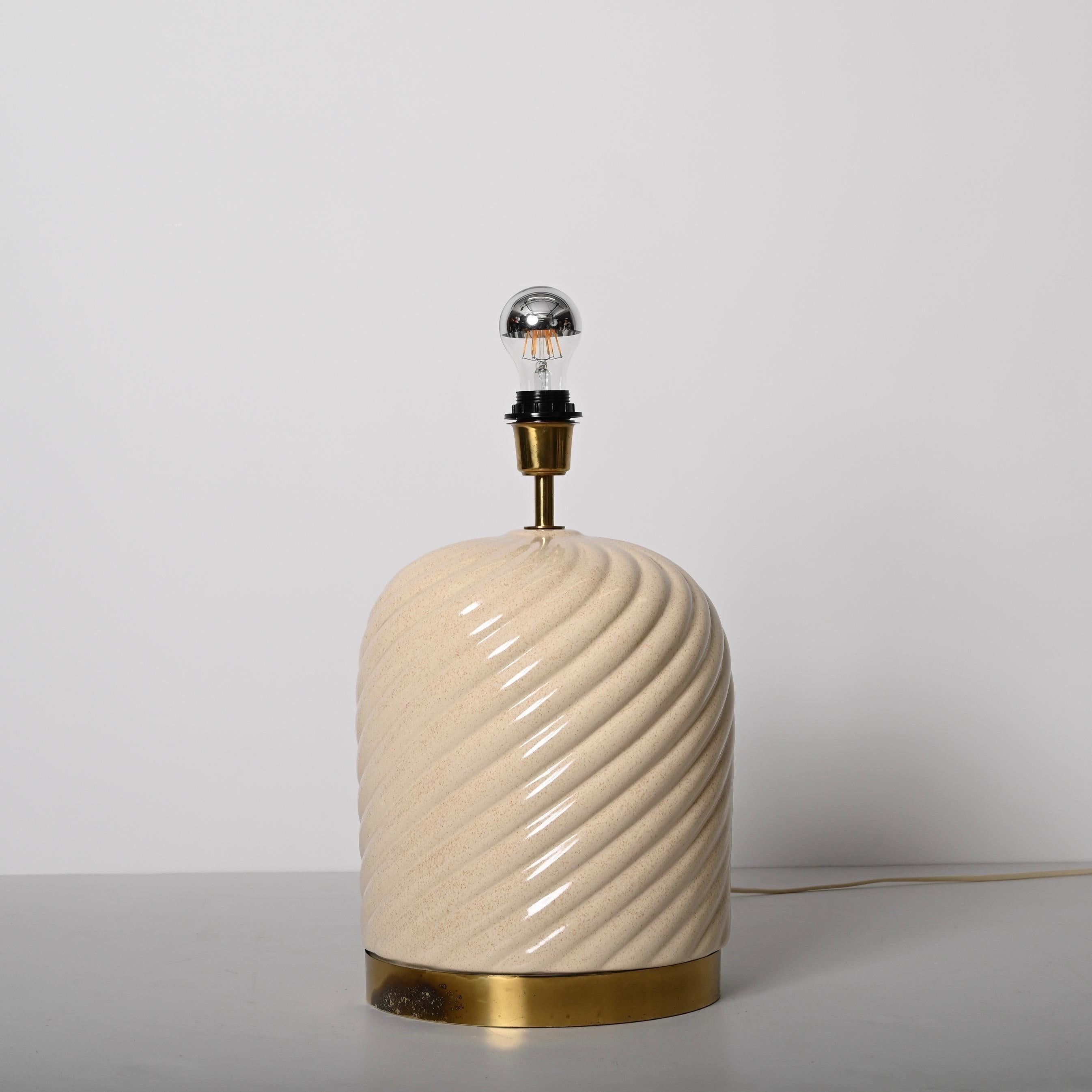 Tommaso Barbi Mid-Century White Ceramic and Brass Italian Table Lamp, 1960s 3