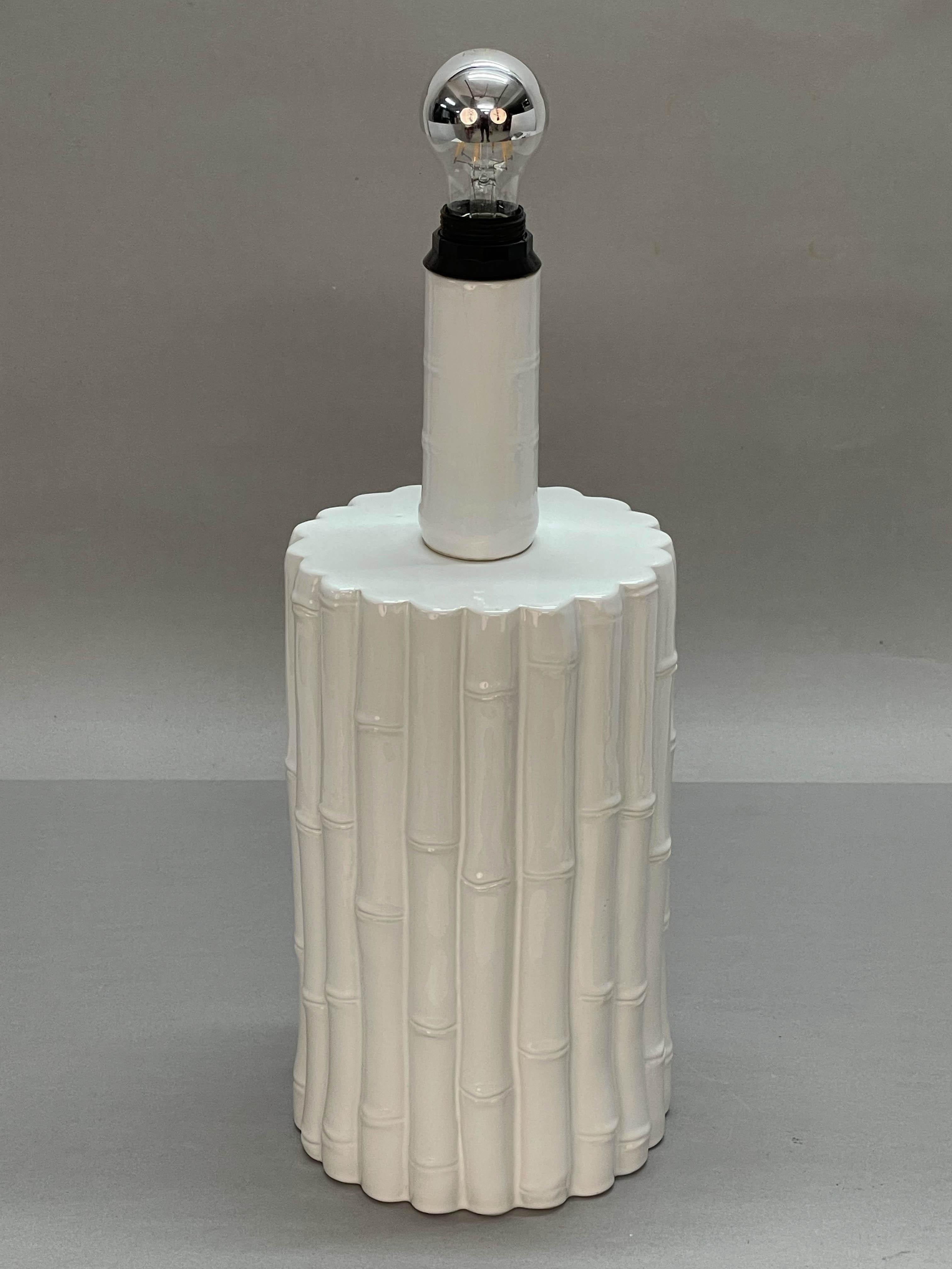 Tommaso Barbi Midcentury White Ceramic and Faux Bamboo Italian Table Lamp, 1970s For Sale 4