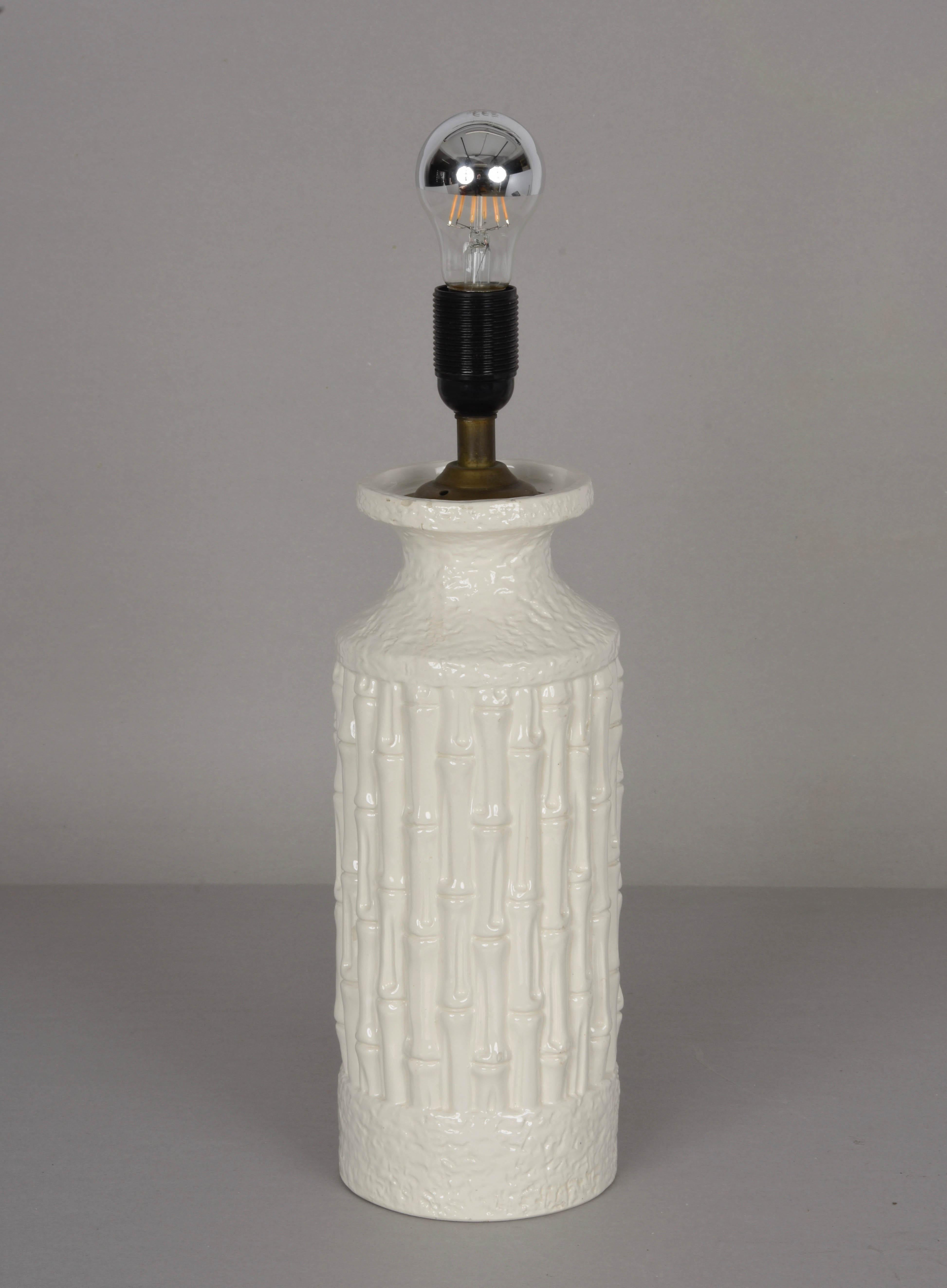Tommaso Barbi Midcentury White Ceramic and Faux Bamboo Italian Table Lamp, 1970s For Sale 4