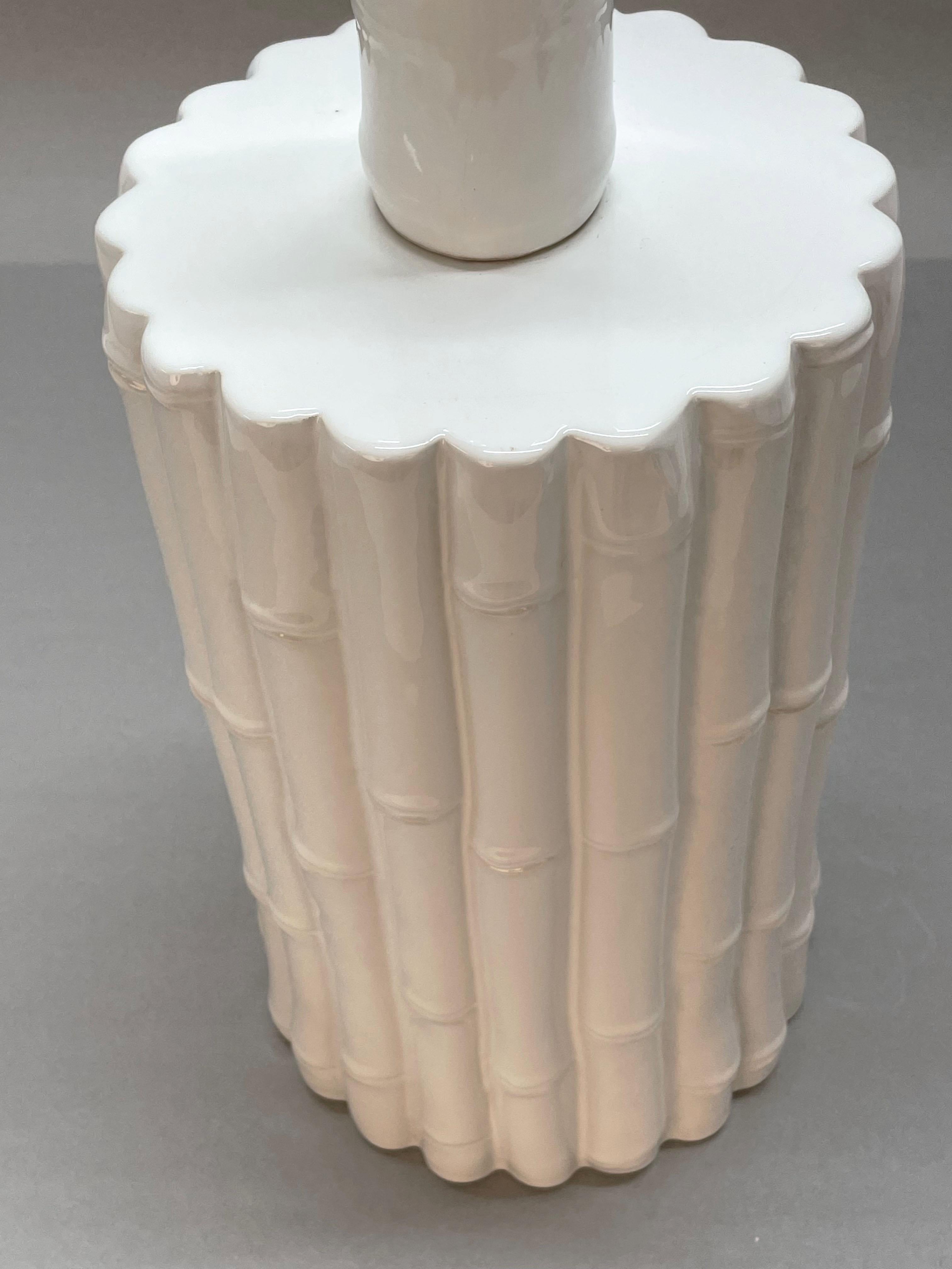 Tommaso Barbi Midcentury White Ceramic and Faux Bamboo Italian Table Lamp, 1970s For Sale 8